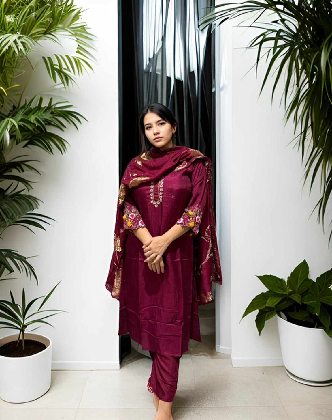 Purple Bloom | Hand-Embroidered Dola Silk Suit Set with Dupatta
