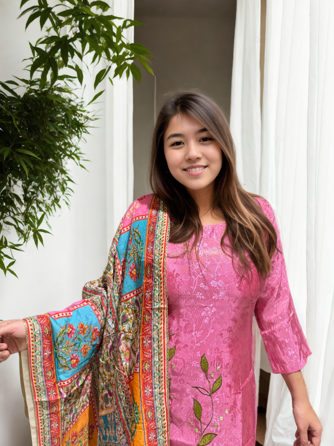 Pink Jacquard Kurta Set with Digital Embroidery & Multi-Silk Dupatta