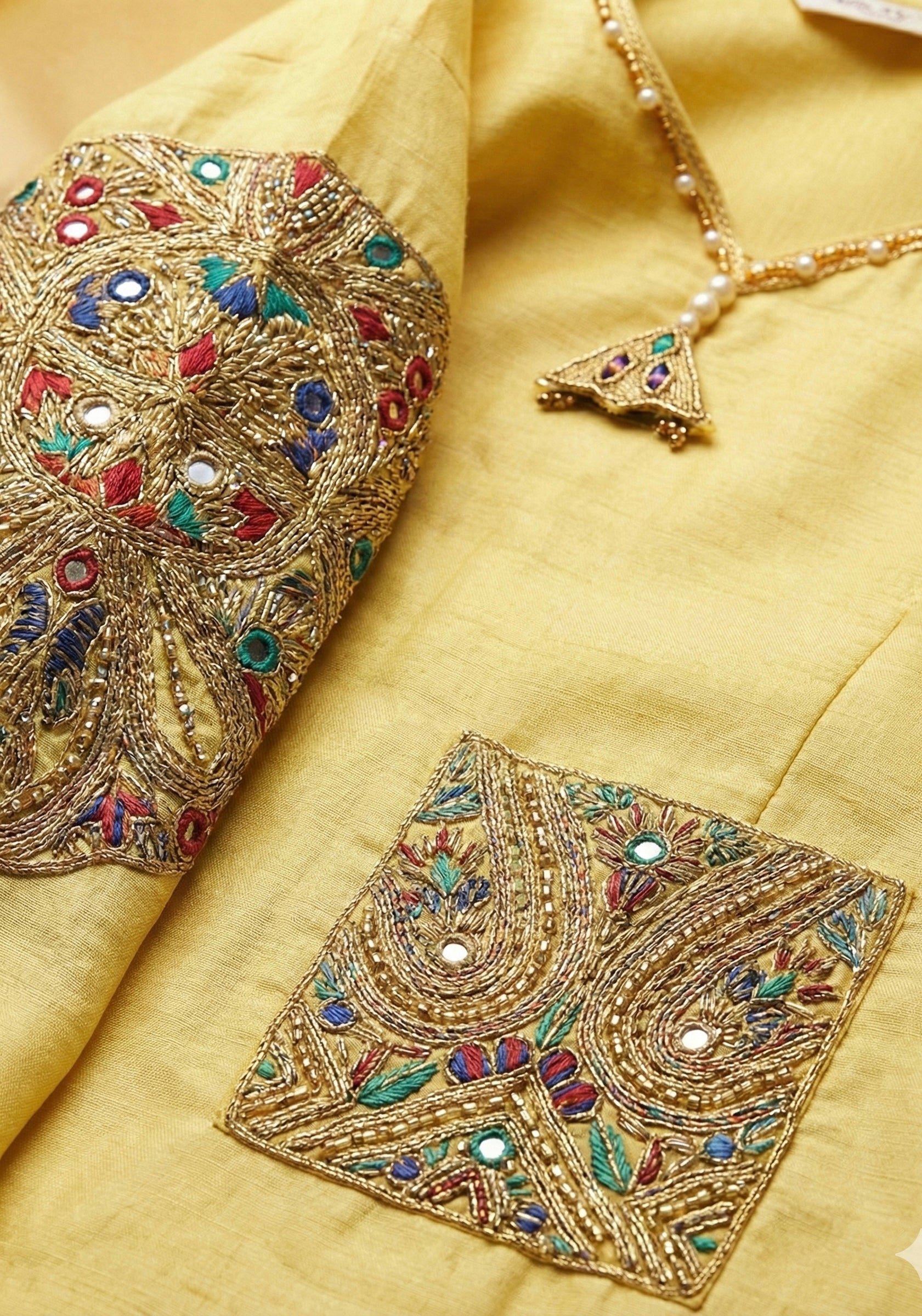Golden Glow Pure Tissue Kurta Set with Hand-Embroidered Pockets & Shoulder Detail