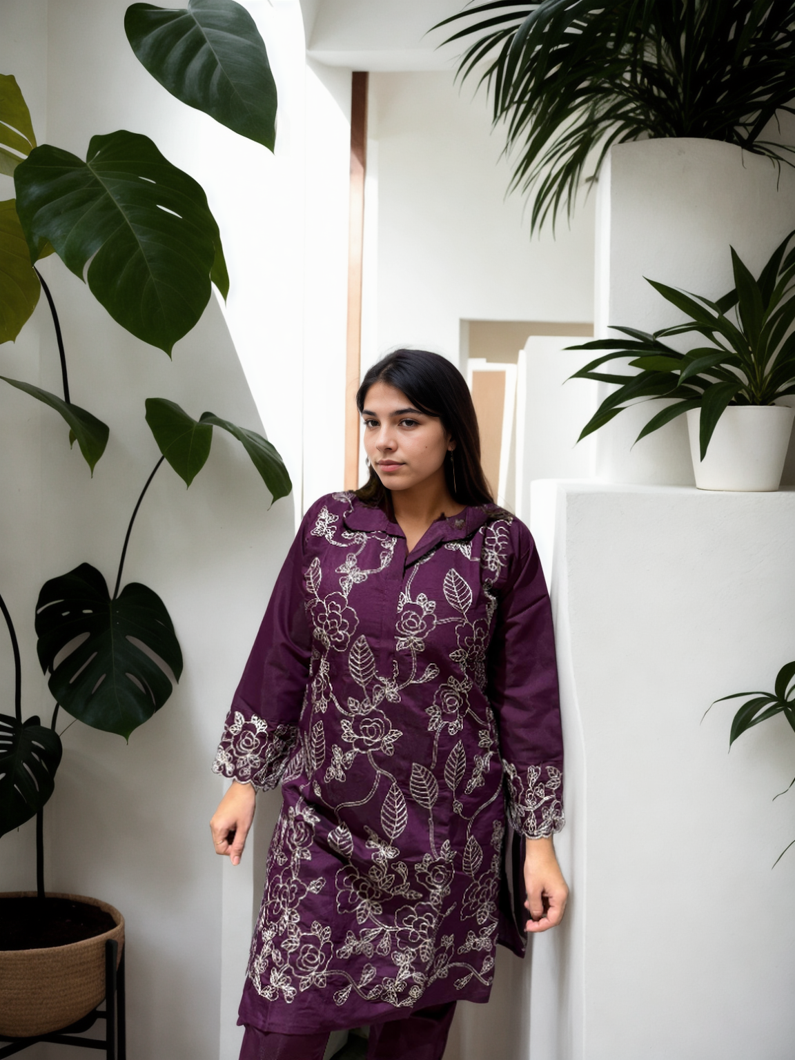 Dori Work Embroidered Coord Set – Roman Silk | Plum & Maroon