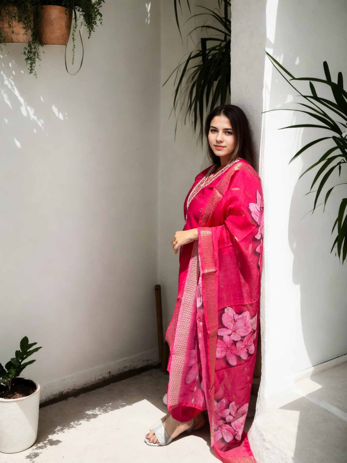 Elegant Roman Silk Suit Set with Handwork – 3 Colours | V-Neck | Chanderi Dupatta