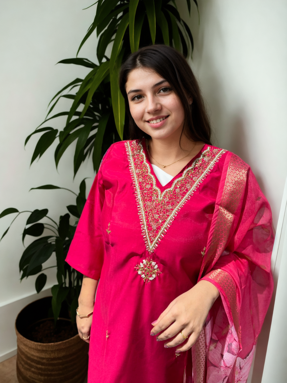 Elegant Roman Silk Suit Set with Handwork – 3 Colours | V-Neck | Chanderi Dupatta