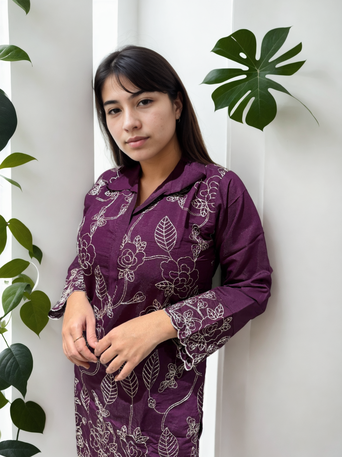 Dori Work Embroidered Coord Set – Roman Silk | Plum & Maroon