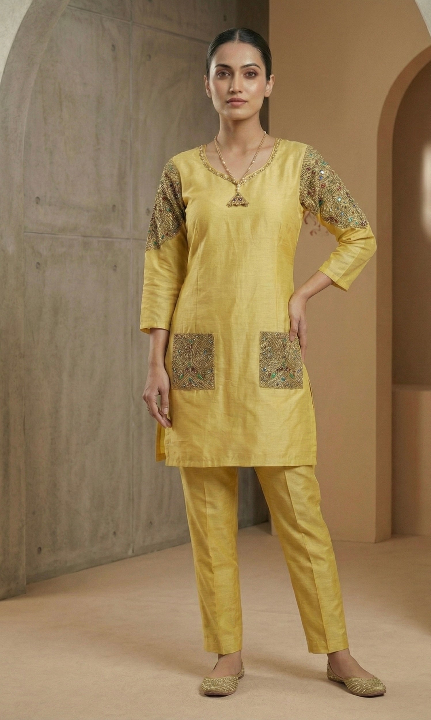 Golden Glow Pure Tissue Kurta Set with Hand-Embroidered Pockets & Shoulder Detail