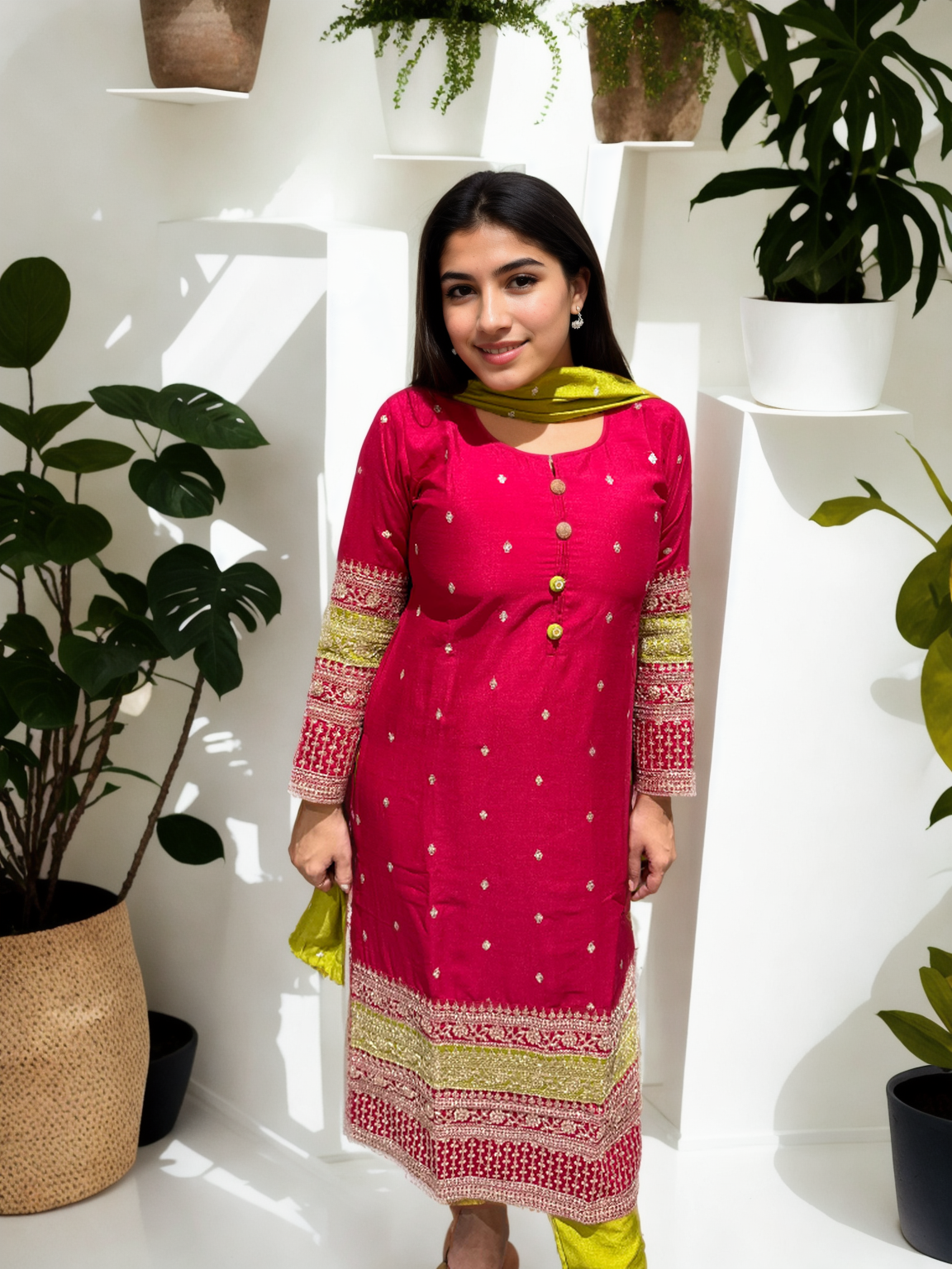 Vichitra Silk Suit Set with Embellished Kurta & Matching Dupatta – Dual Shades