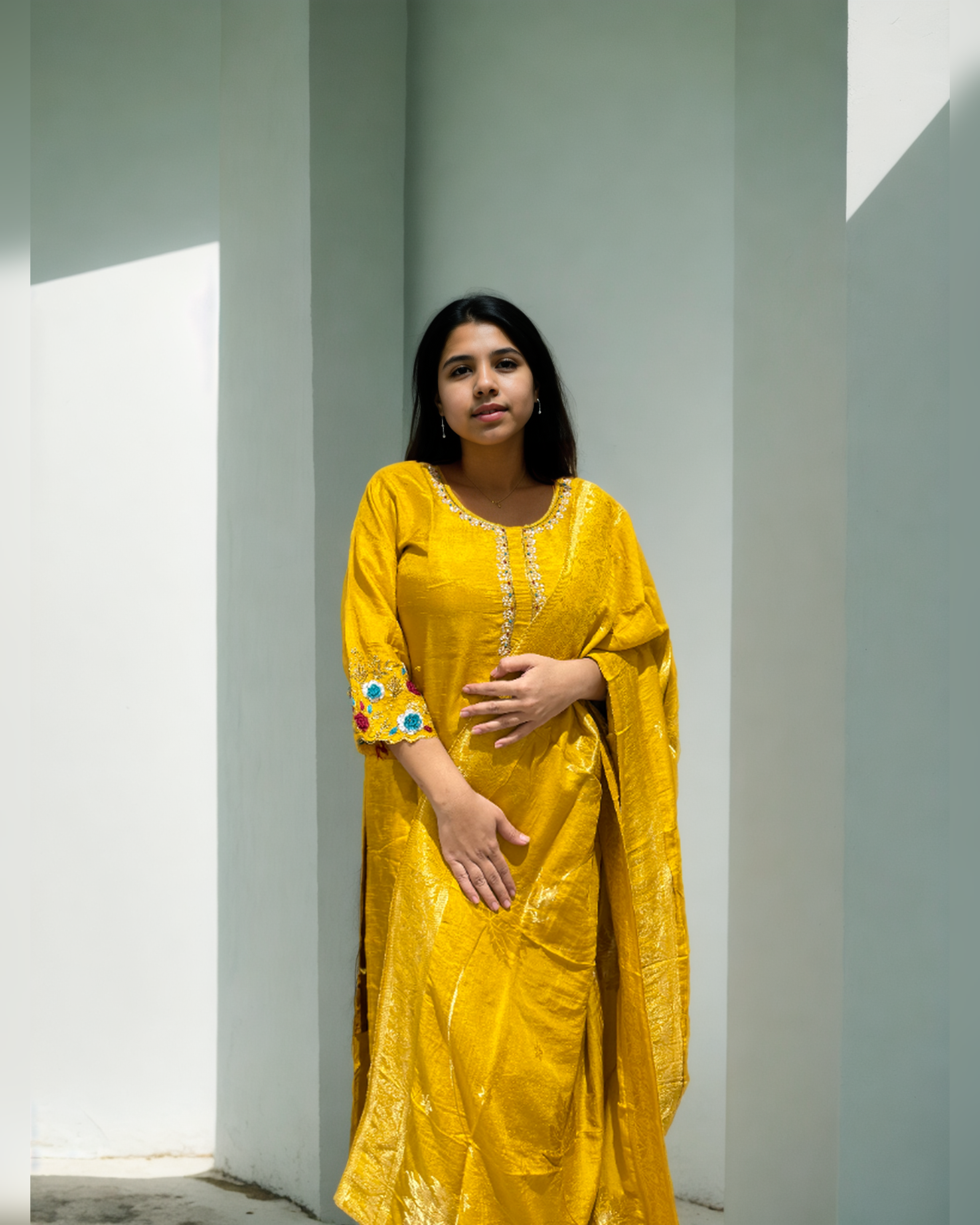 Purple Bloom | Hand-Embroidered Dola Silk Suit Set with Dupatta