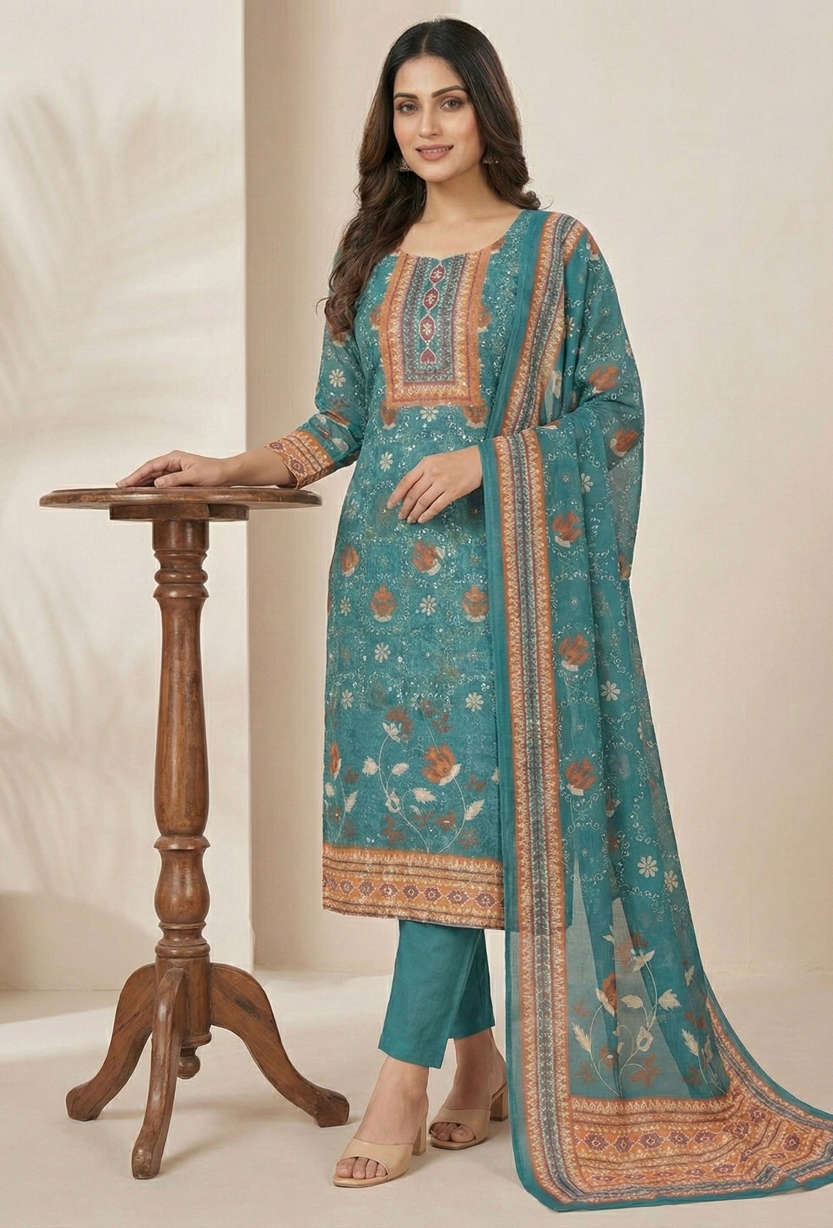 Teal Bagh Printed Cotton Suit with Mul Lining