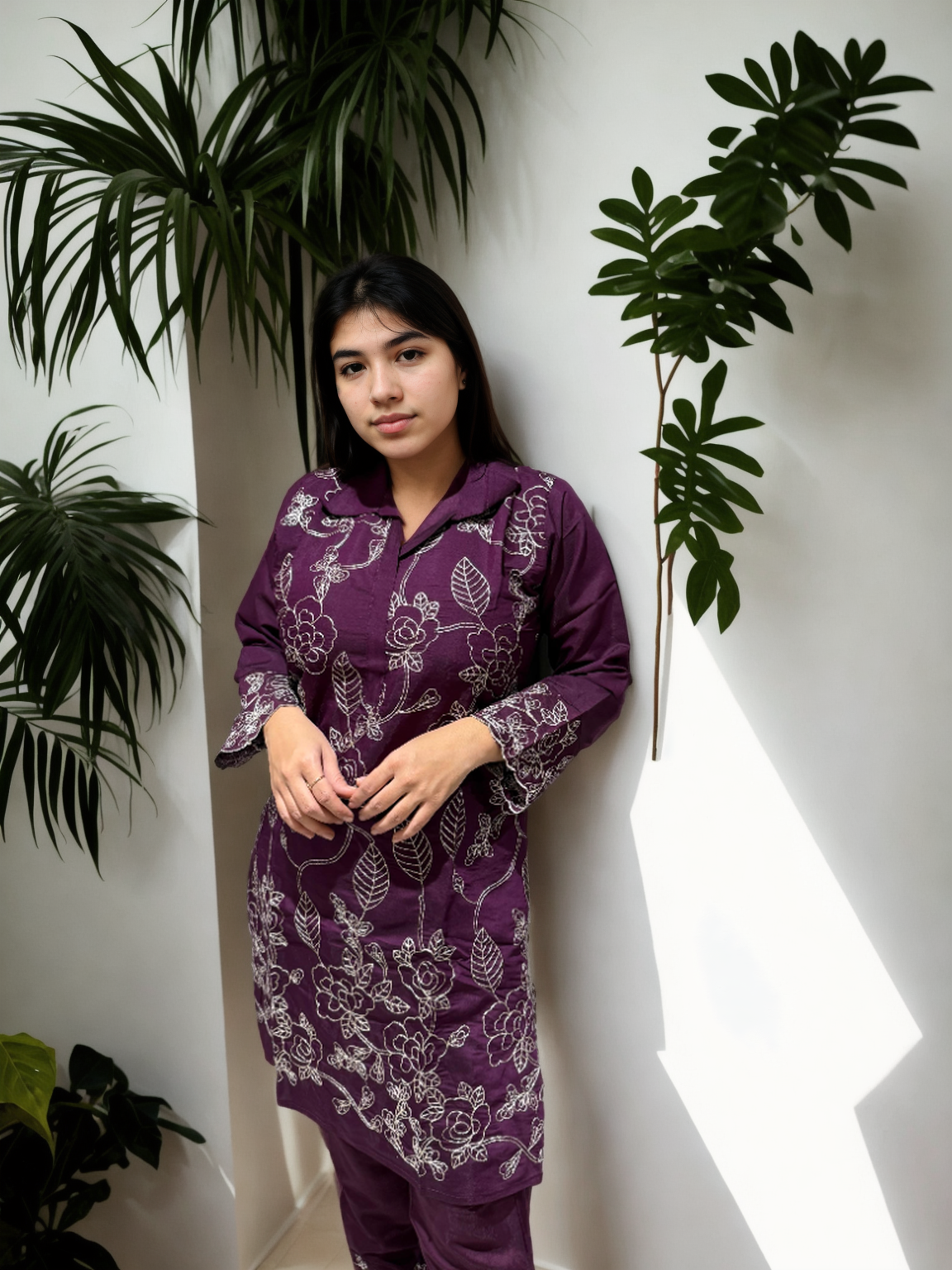 Dori Work Embroidered Coord Set – Roman Silk | Plum & Maroon