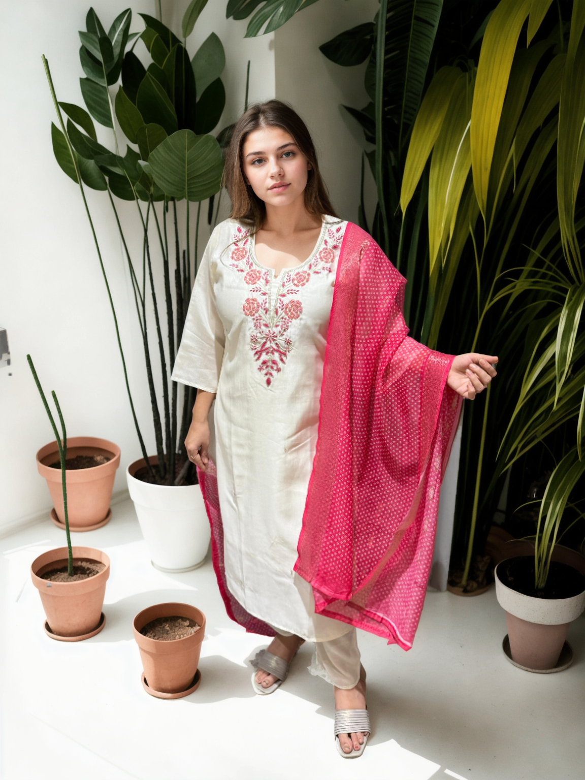 Roman Silk Handwork Suit Set with Bandhani Organza Dupatta (M to 5XL)