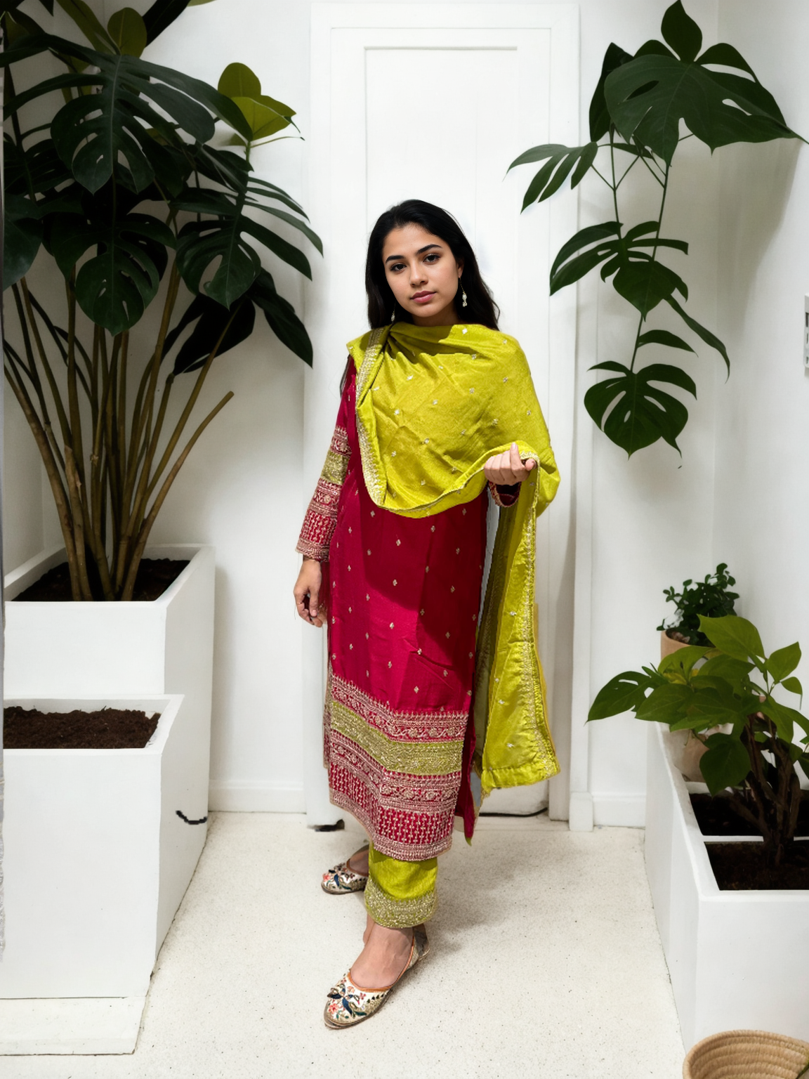 Vichitra Silk Suit Set with Embellished Kurta & Matching Dupatta – Dual Shades