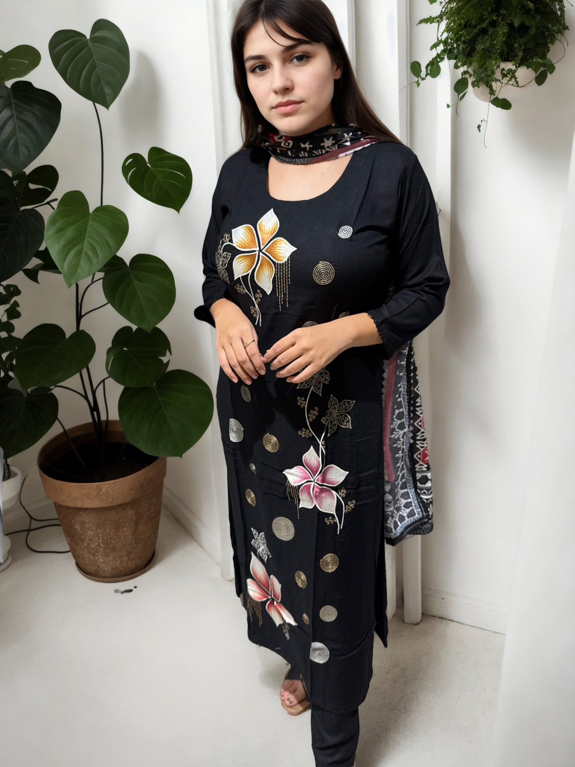 Midnight Bloom Cotton Suit Set with Digital Embroidery | Signature Collection