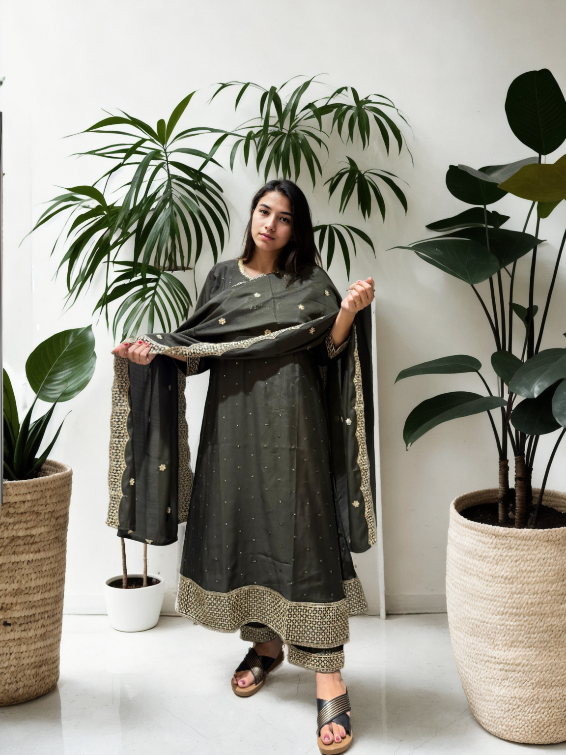 Roman Silk Ghera Suit with Embroidery & Dupatta