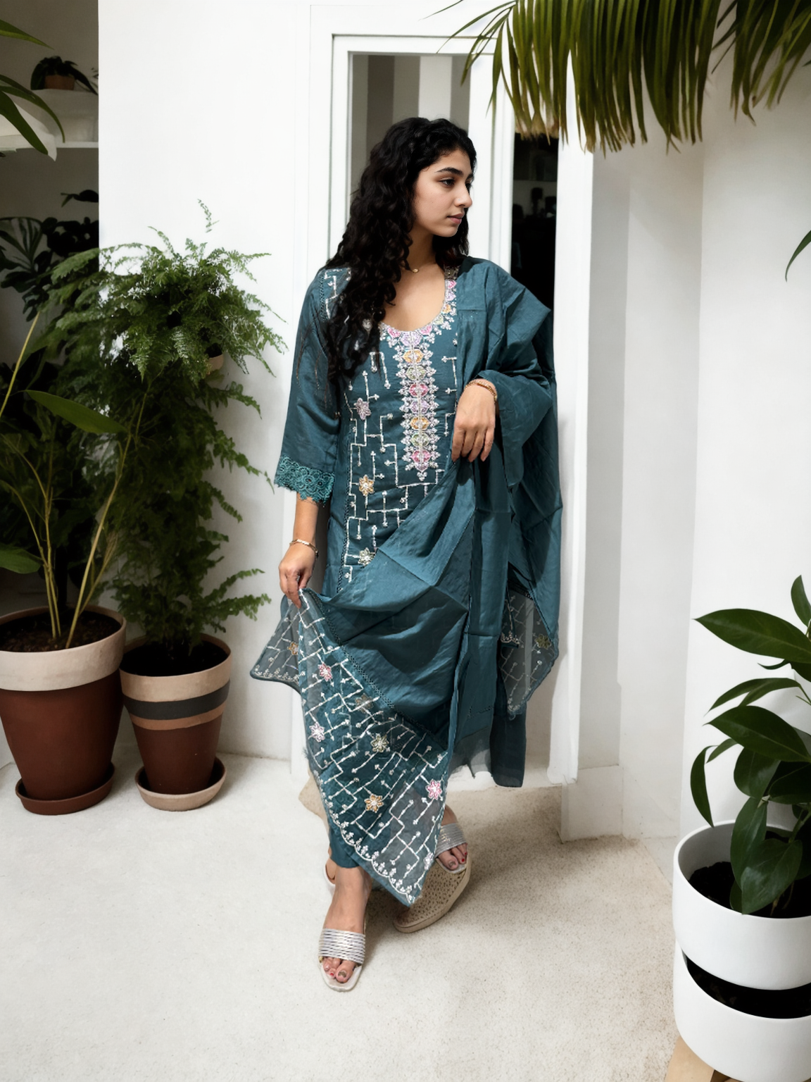 Elegant Beads Work Suit Set on Roman Silk – Available in Pink, Teal Blue & Beige