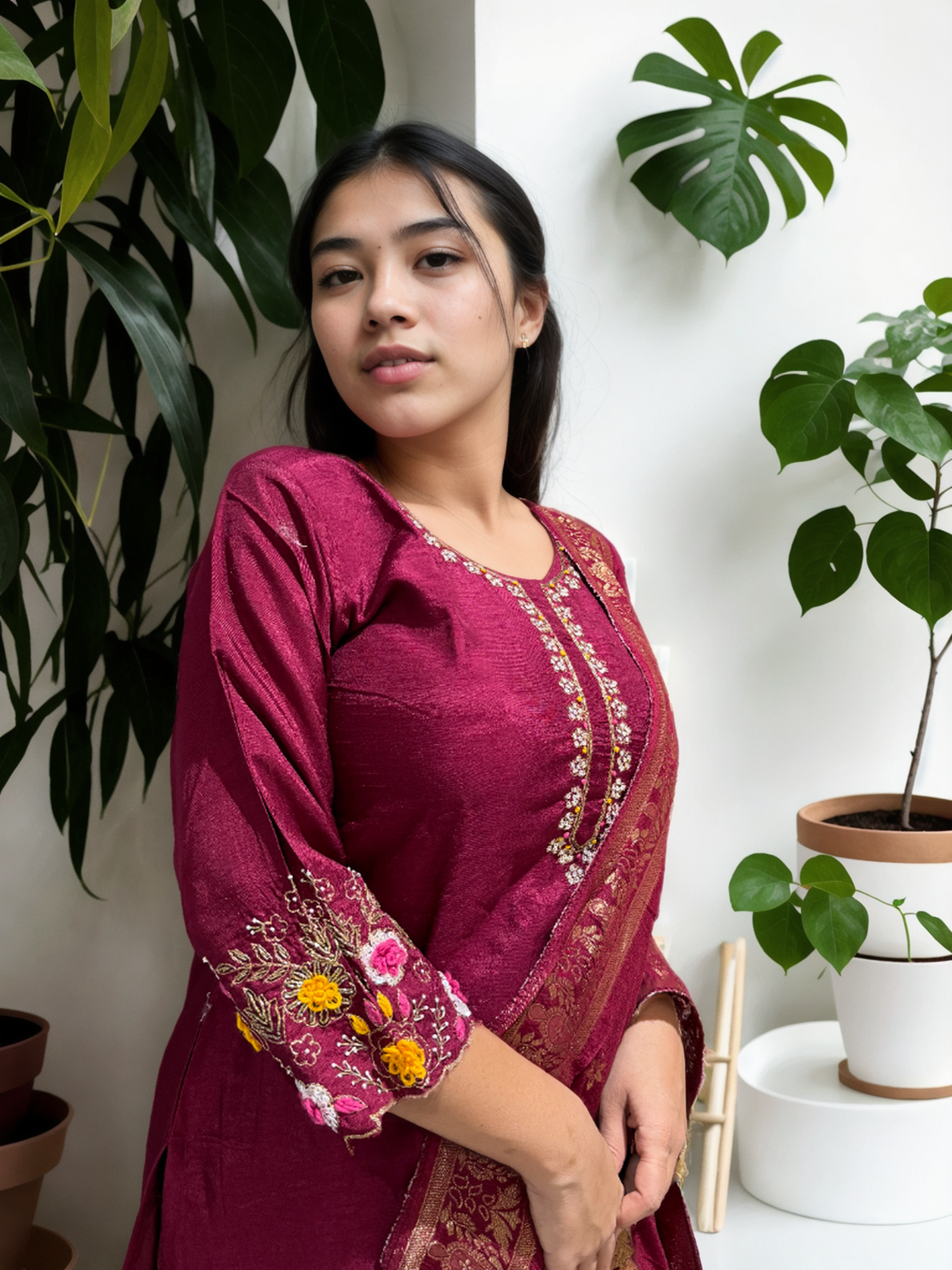 Purple Bloom | Hand-Embroidered Dola Silk Suit Set with Dupatta