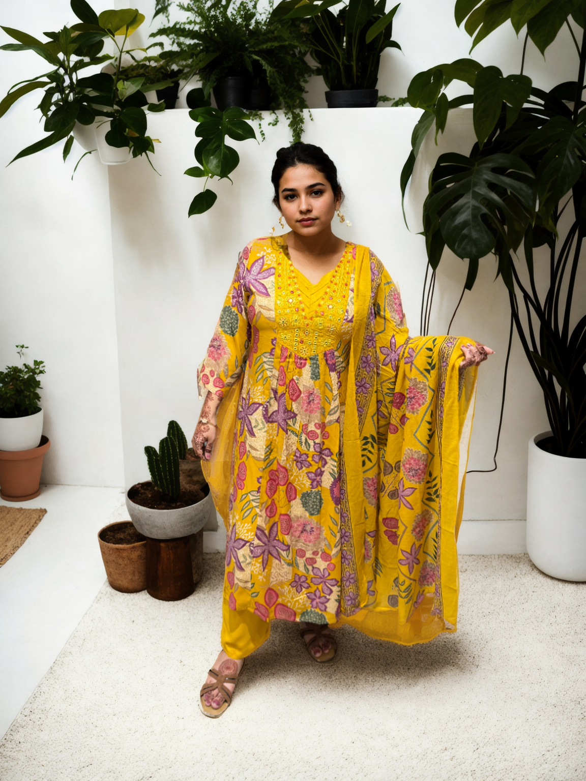 Cotton Ghera 3-Piece Suit Set with Embroidered Neck