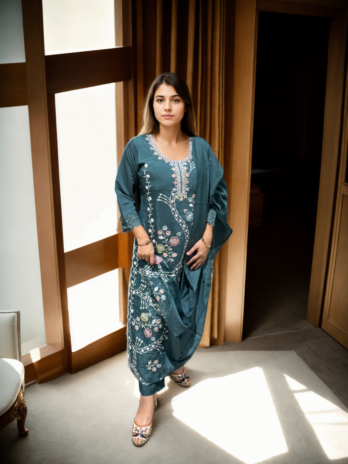 Elegant Beaded Suit Set in Roman Silk – 3 Stunning Shades