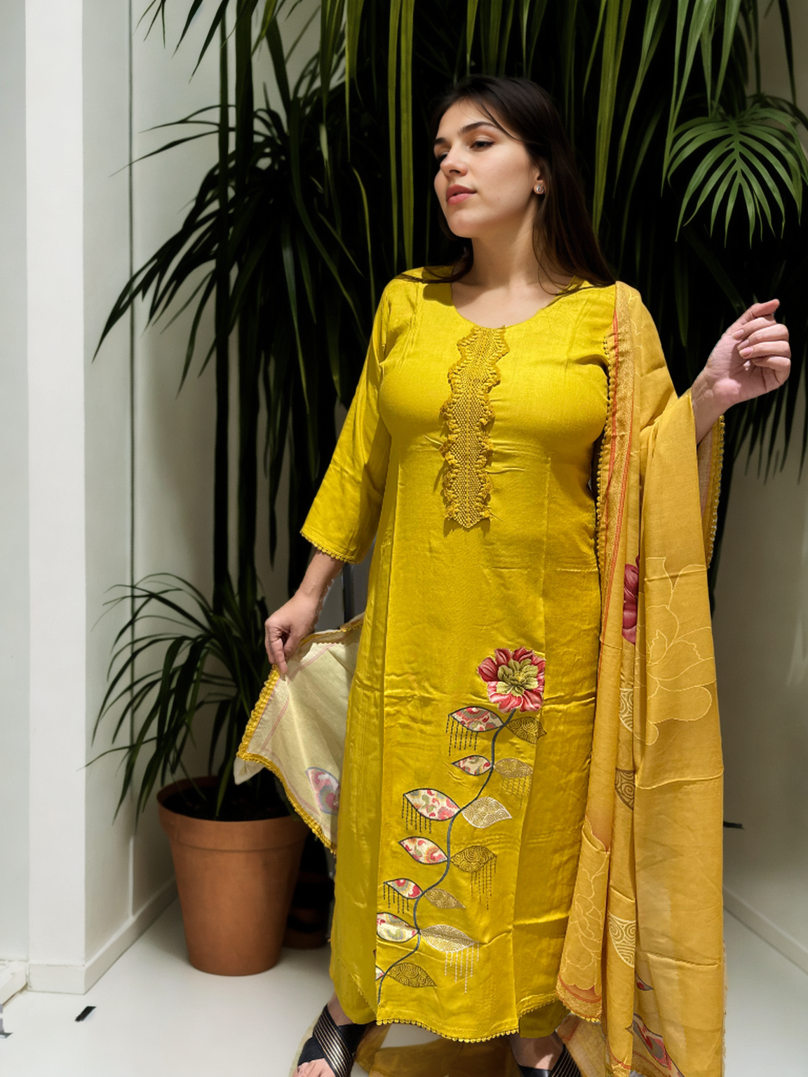 Mustard Yellow Cotton Suit with Digital Embroidery & Printed Dupatta | Signature Collection