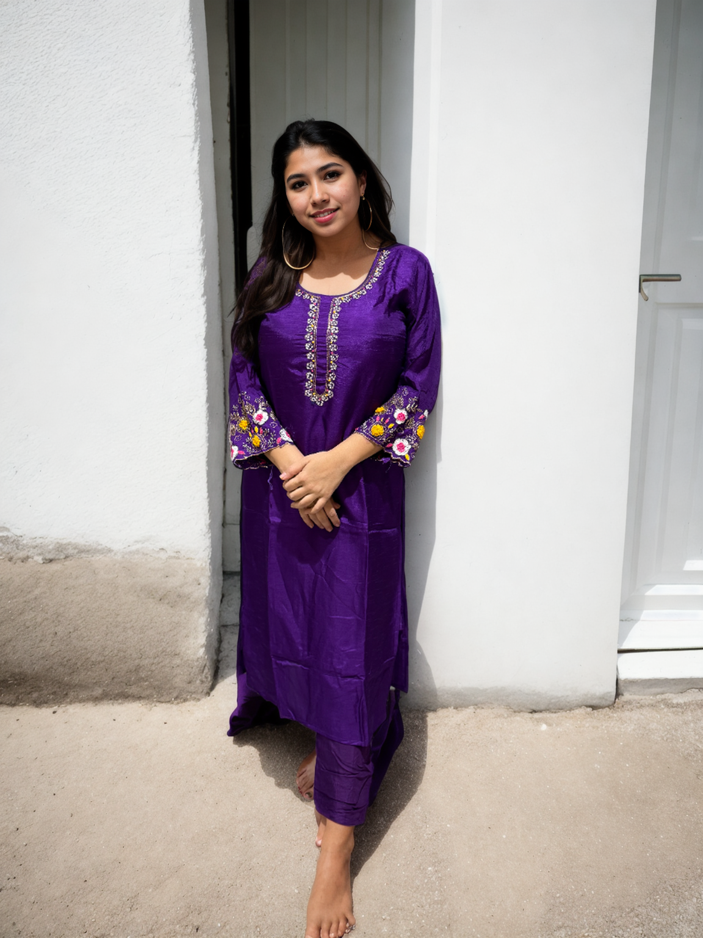 Purple Bloom | Hand-Embroidered Dola Silk Suit Set with Dupatta