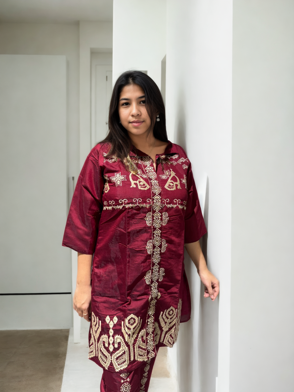 Regal Embroidered Coord Set in Roman Silk – Wine & Maroon Shades