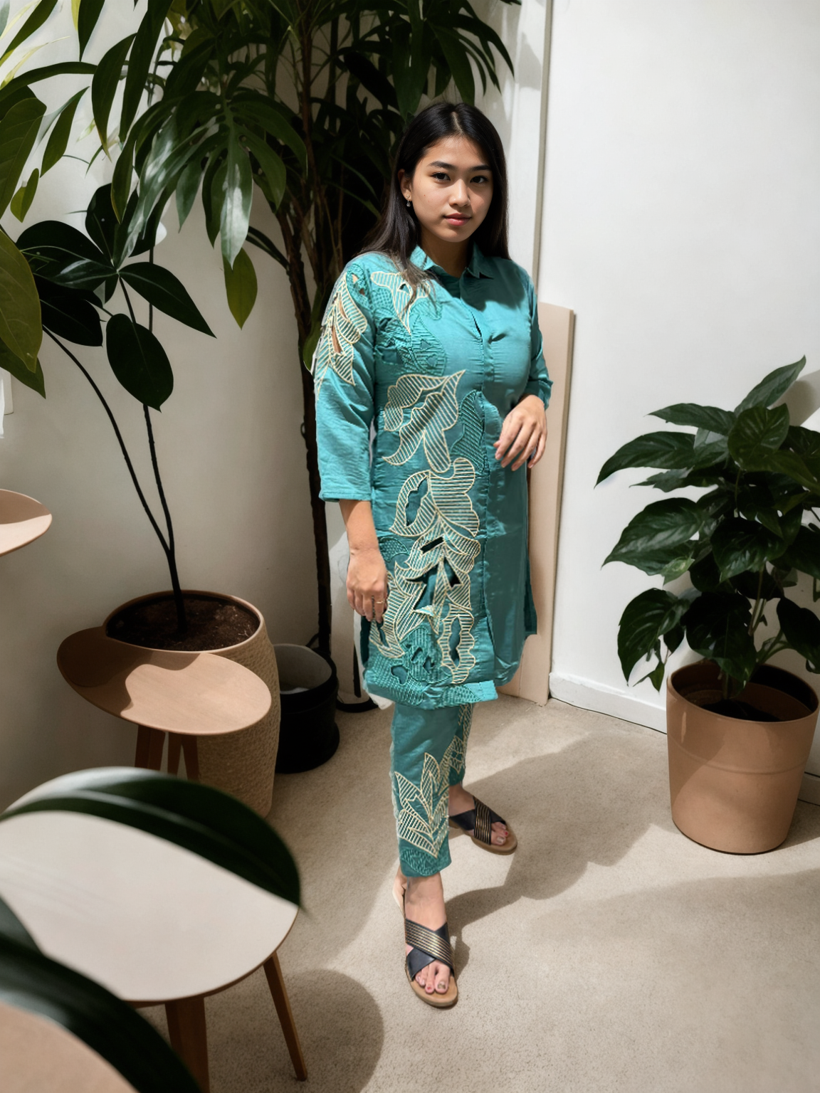 Cutwork Bloom Coord Set in Roman Silk – With Inner