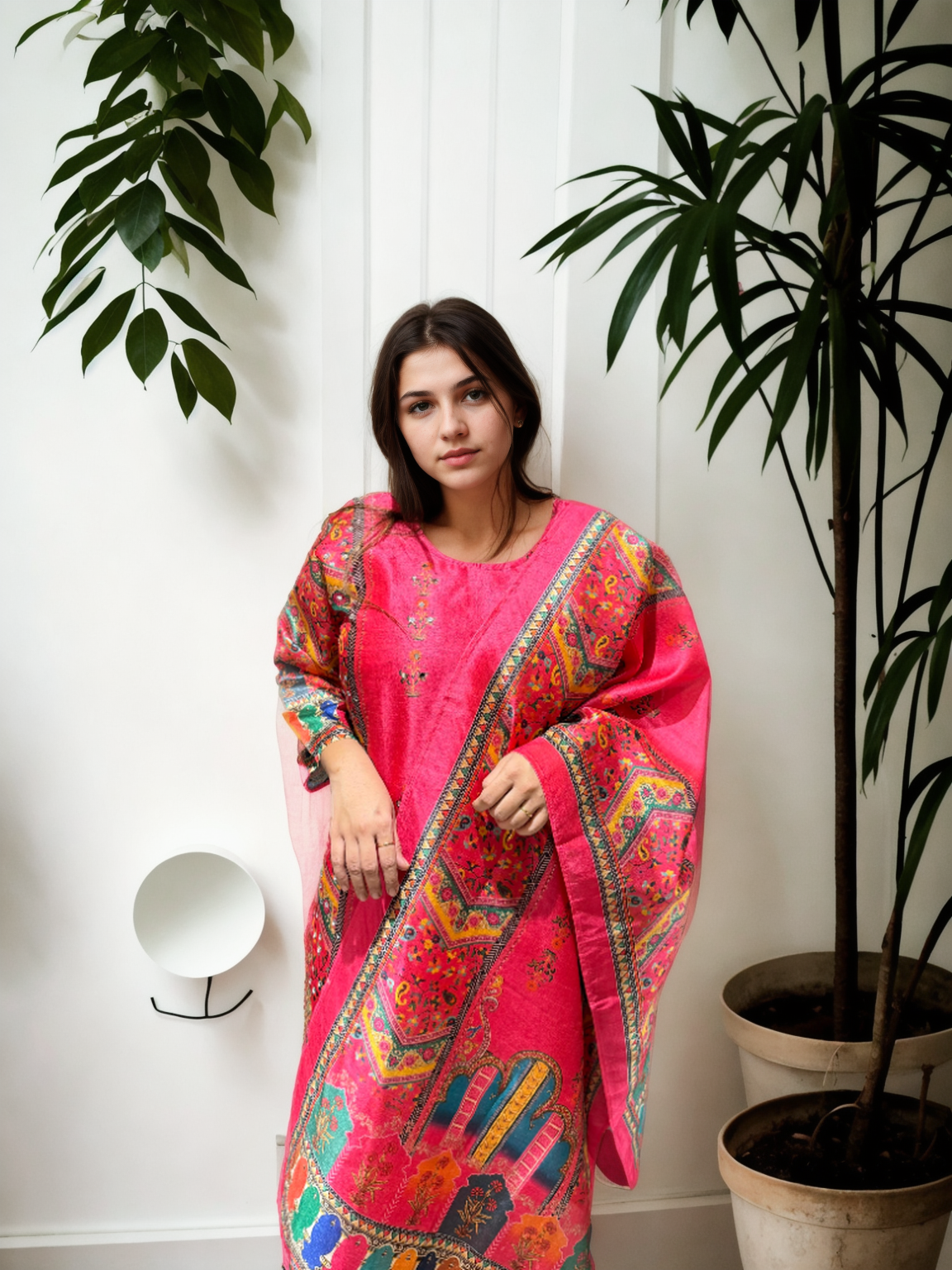 Hot Pink Gadwal Silk Mirror Work Suit Set with American Cotton Inner