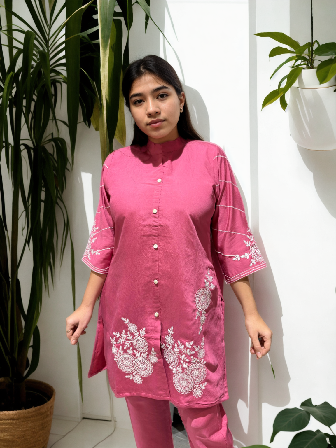 Elegant Embroidered Co-ord Set in Roman Silk – Pink | Yellow