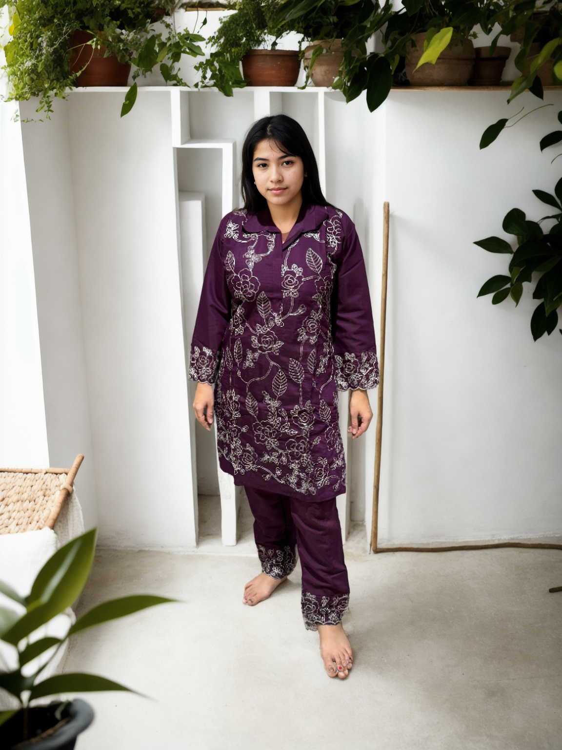 Dori Work Embroidered Coord Set – Roman Silk | Plum & Maroon