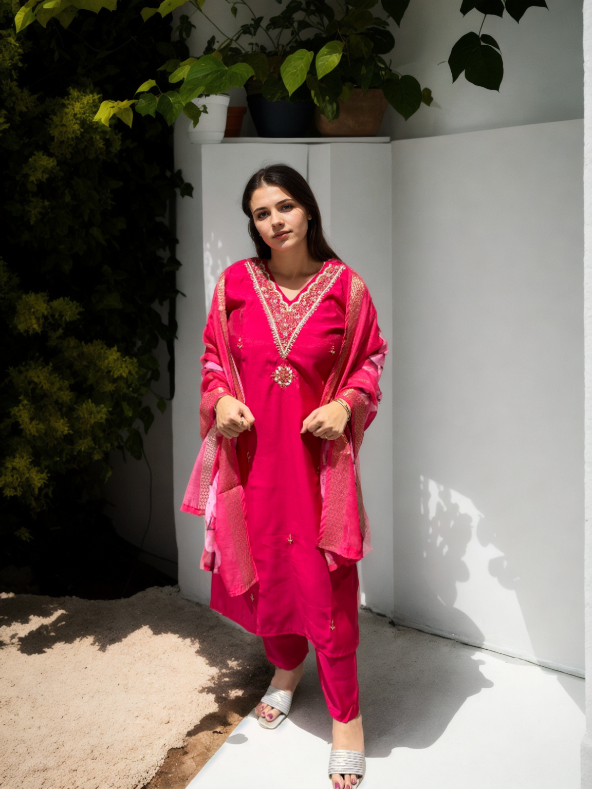 Elegant Roman Silk Suit Set with Handwork – 3 Colours | V-Neck | Chanderi Dupatta