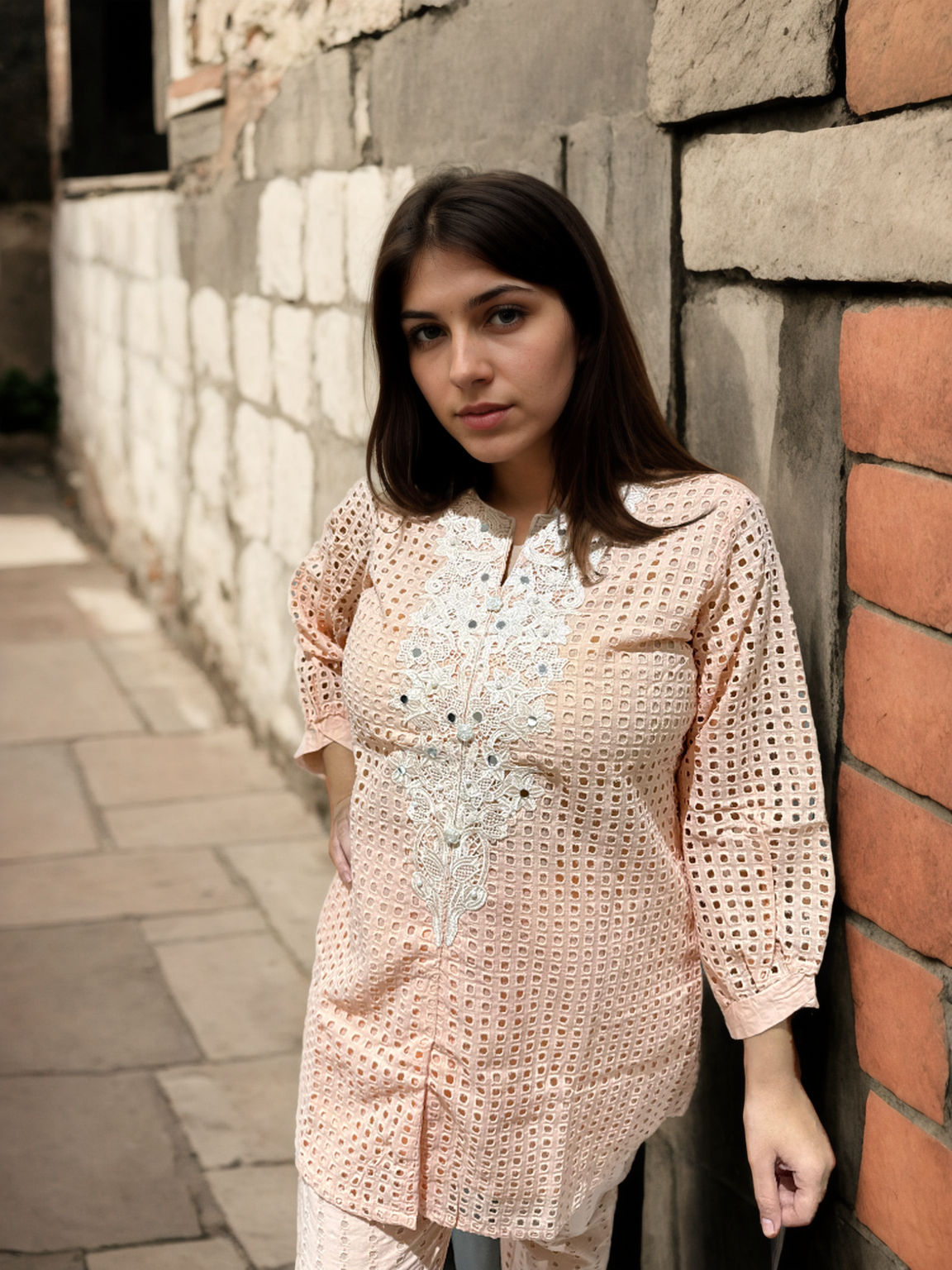 Gulnaar Blush Pink Coord Set with Cutwork & Embroidered Yoke |Signature Collection