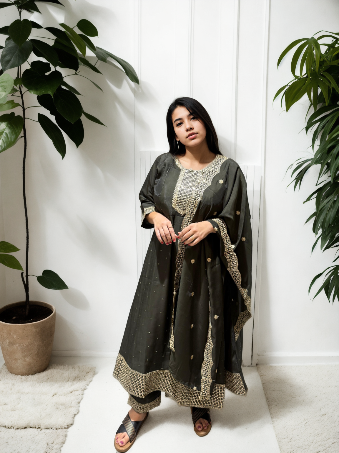 Roman Silk Ghera Suit with Embroidery & Dupatta