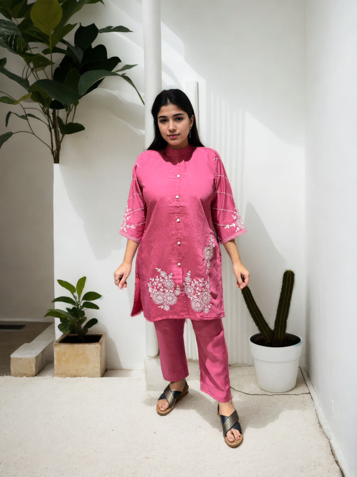 Elegant Embroidered Co-ord Set in Roman Silk – Pink | Yellow