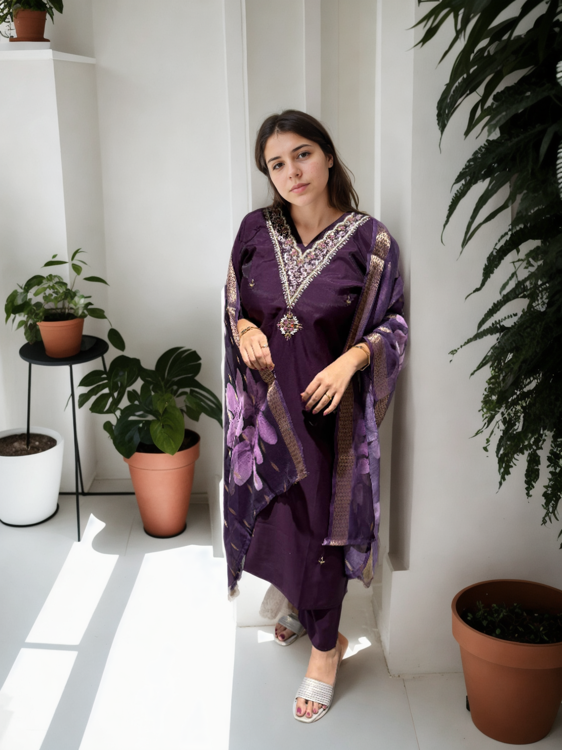 Elegant Roman Silk Suit Set with Handwork – 3 Colours | V-Neck | Chanderi Dupatta