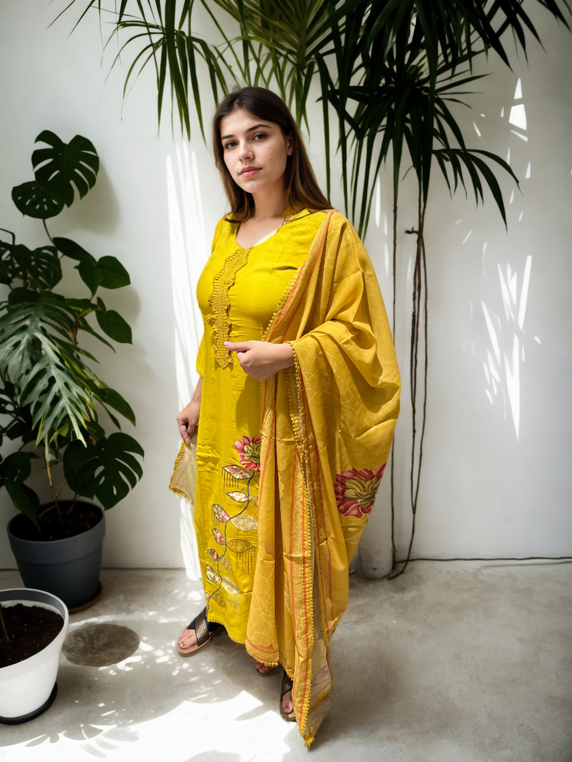 Mustard Yellow Cotton Suit with Digital Embroidery & Printed Dupatta | Signature Collection