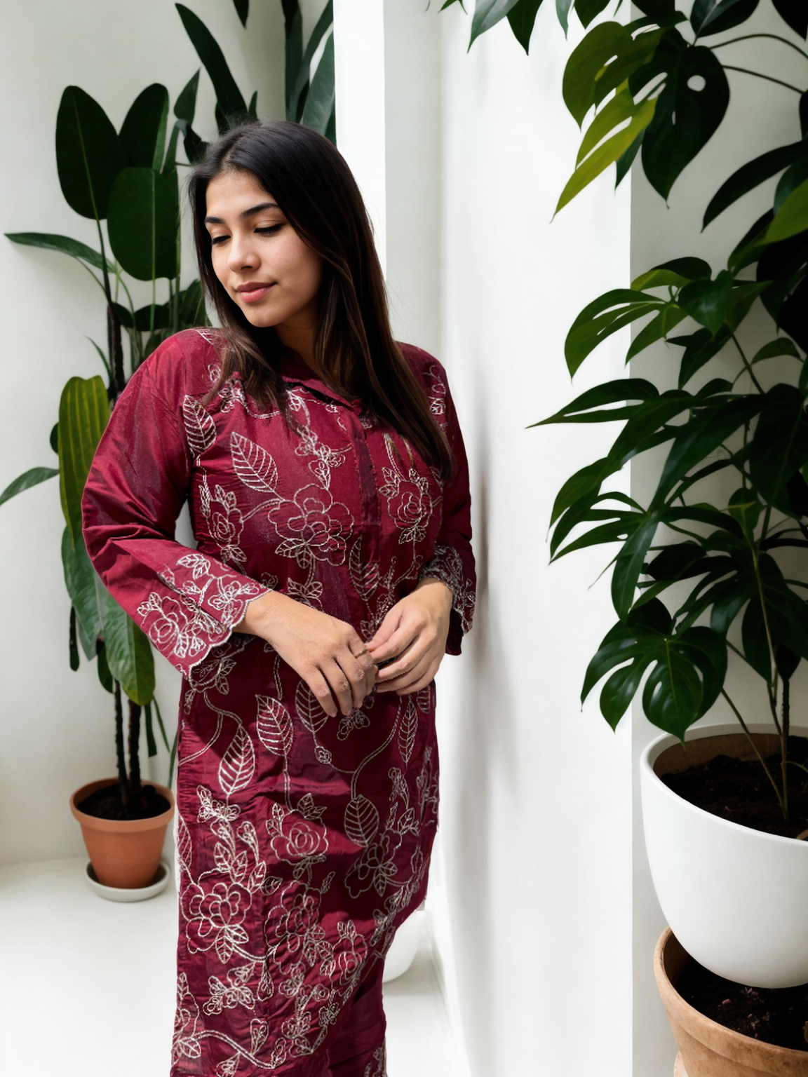 Dori Work Embroidered Coord Set – Roman Silk | Plum & Maroon