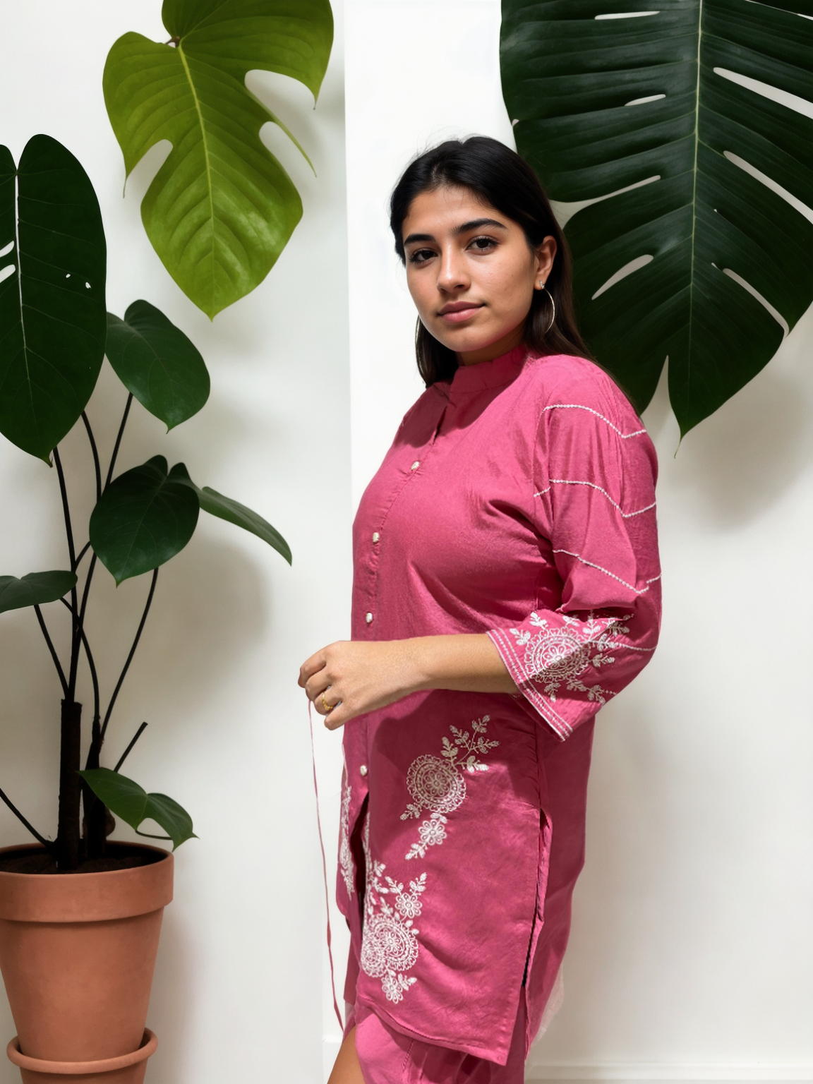 Elegant Embroidered Co-ord Set in Roman Silk – Pink | Yellow