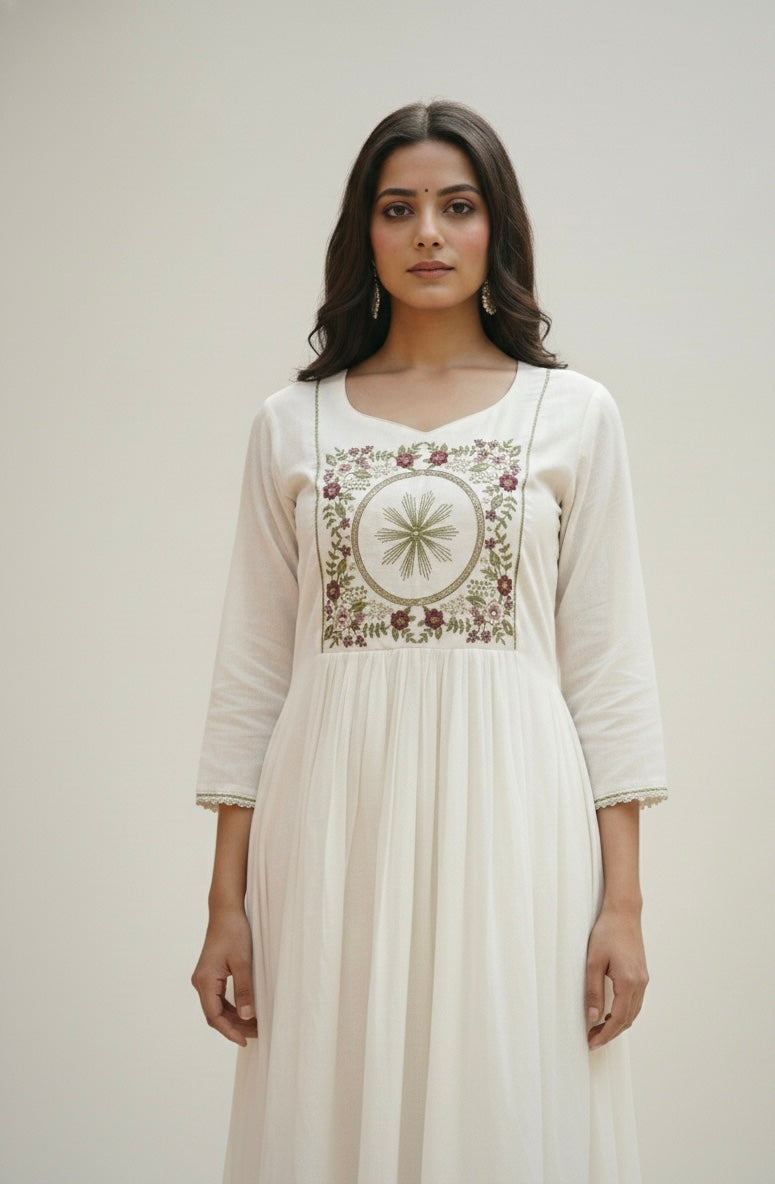 The Ethereal Ivory Mul Chanderi Embroidered Ghera Set