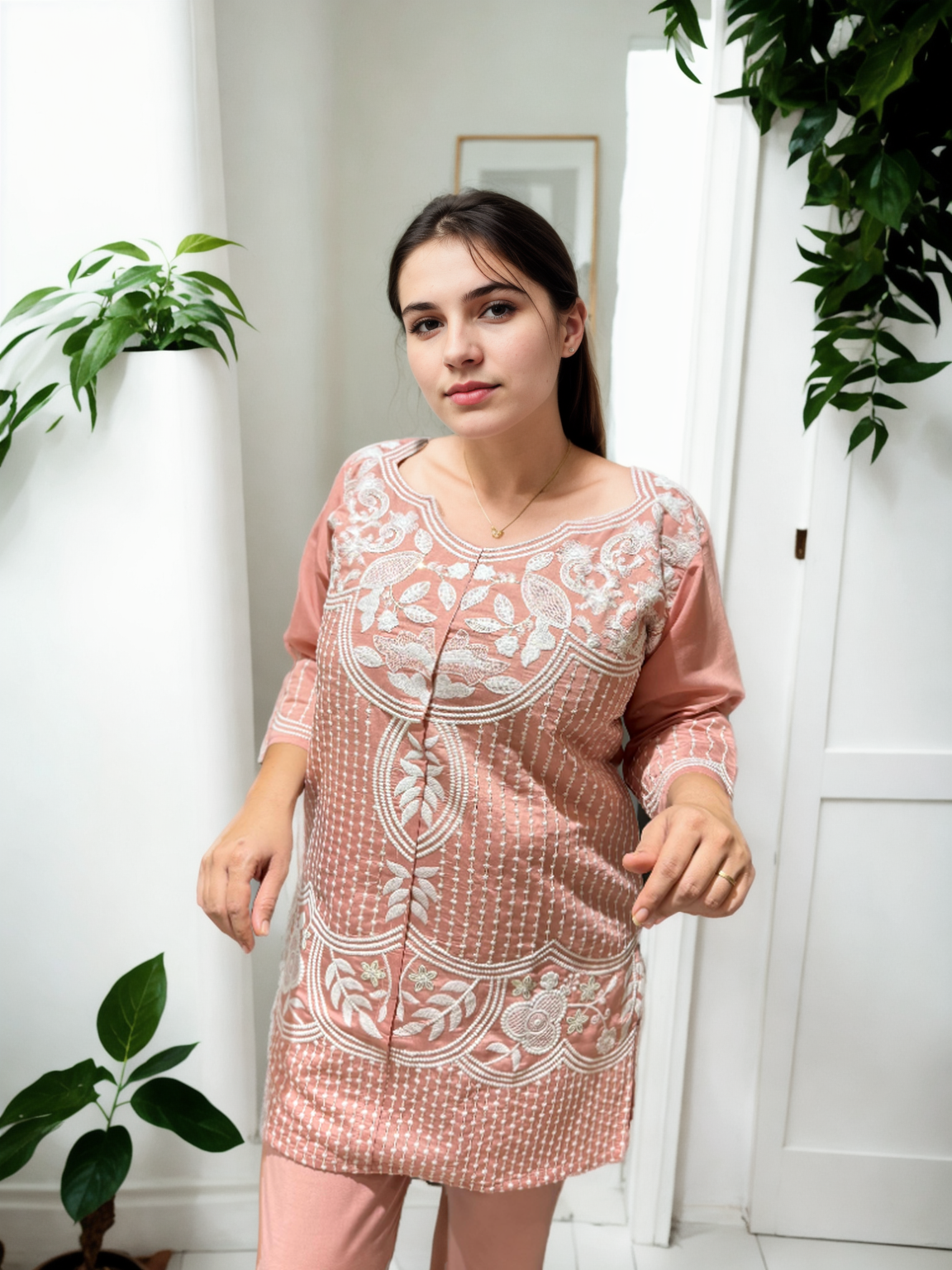 Blush Pink Roman Silk Embroidered Coord Set