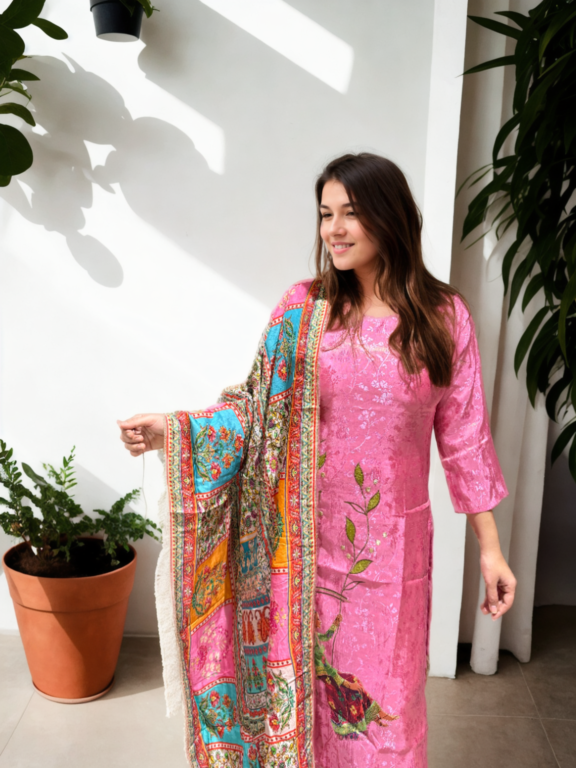 Pink Jacquard Kurta Set with Digital Embroidery & Multi-Silk Dupatta