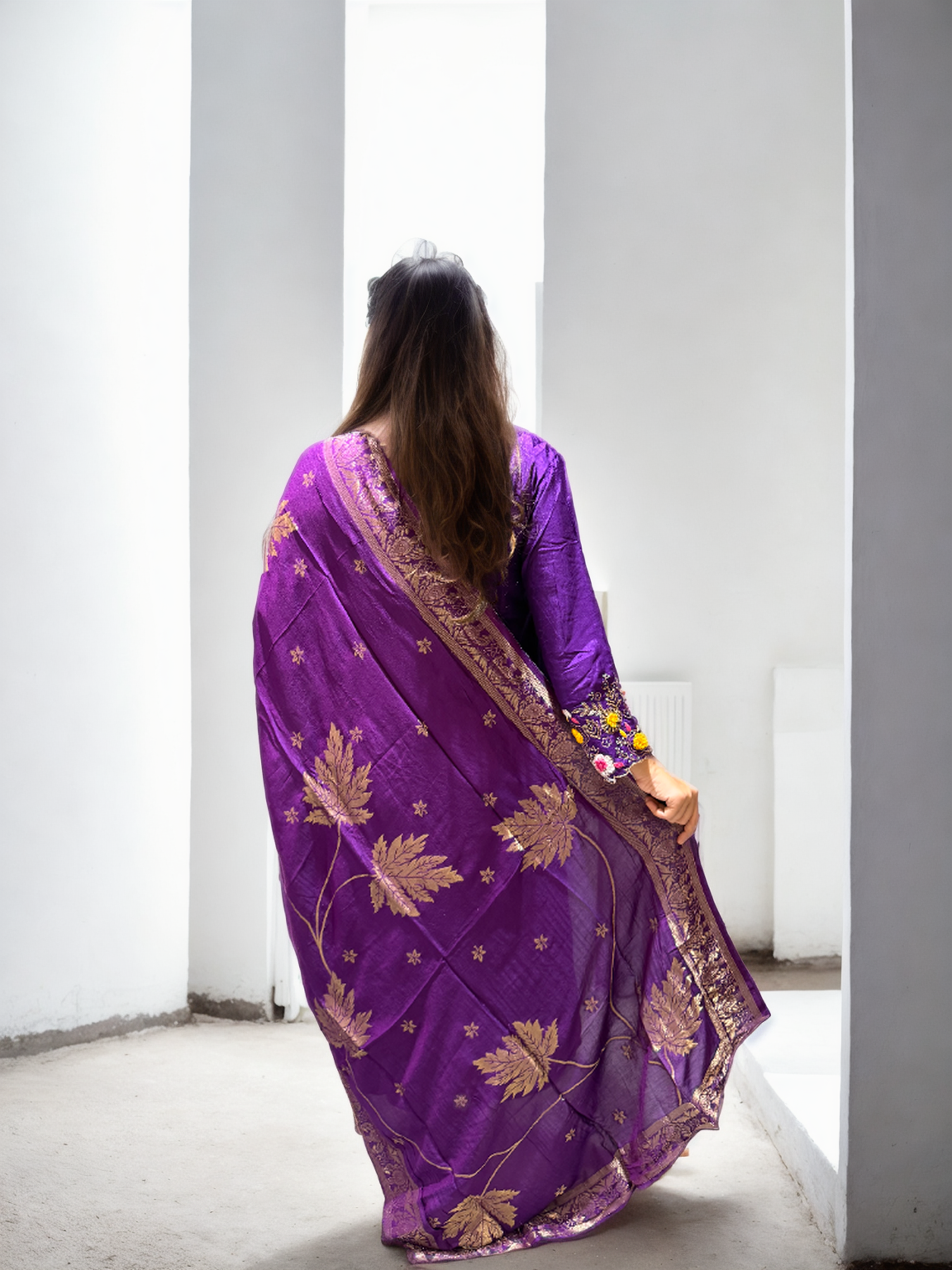 Purple Bloom | Hand-Embroidered Dola Silk Suit Set with Dupatta