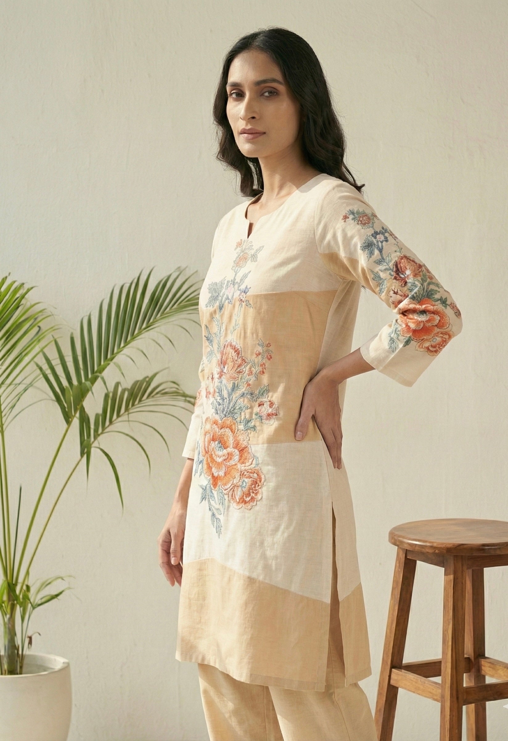 Beige & Ivory Floral Printed Cotton Coord Set