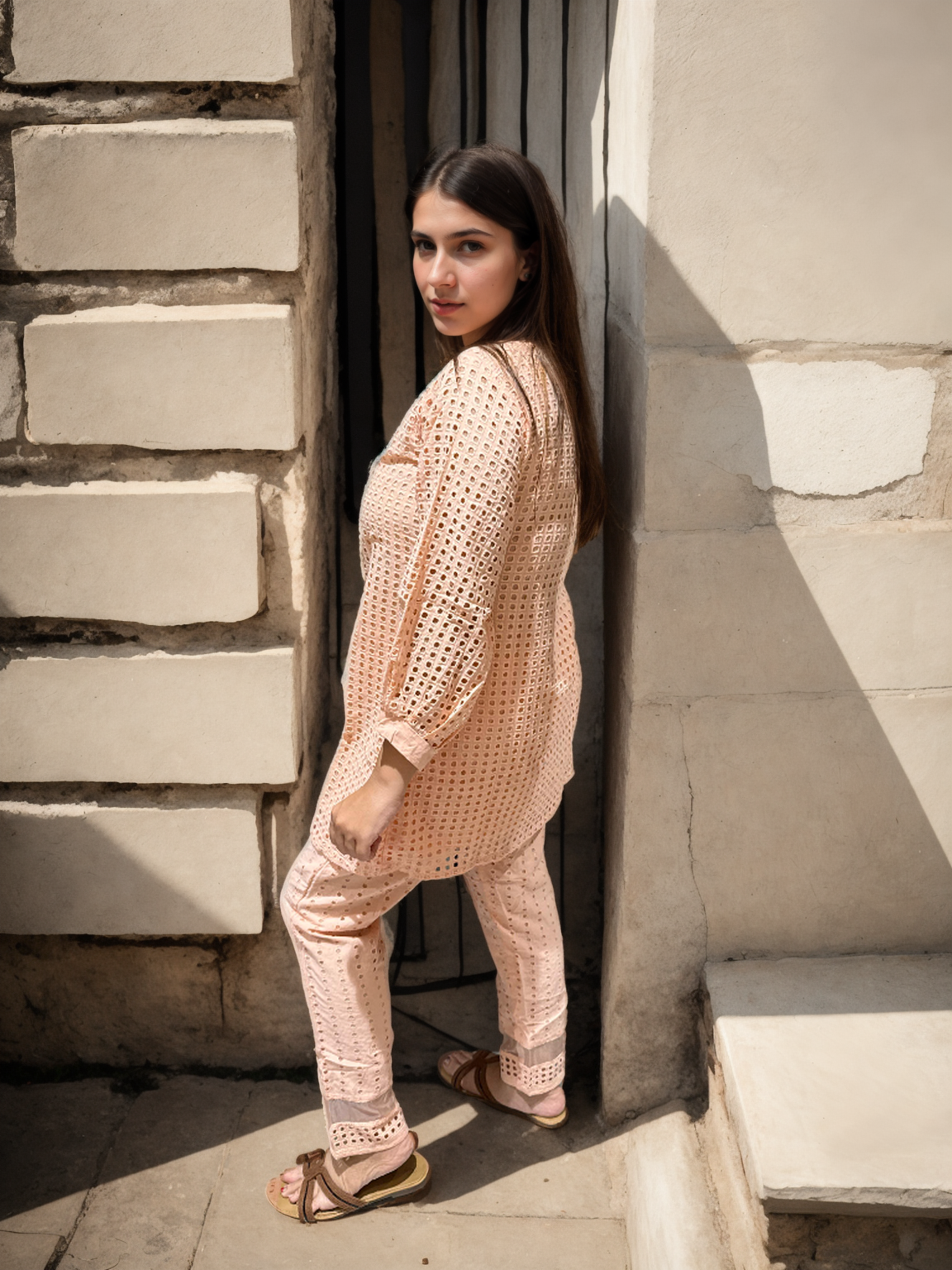 Gulnaar Blush Pink Coord Set with Cutwork & Embroidered Yoke |Signature Collection