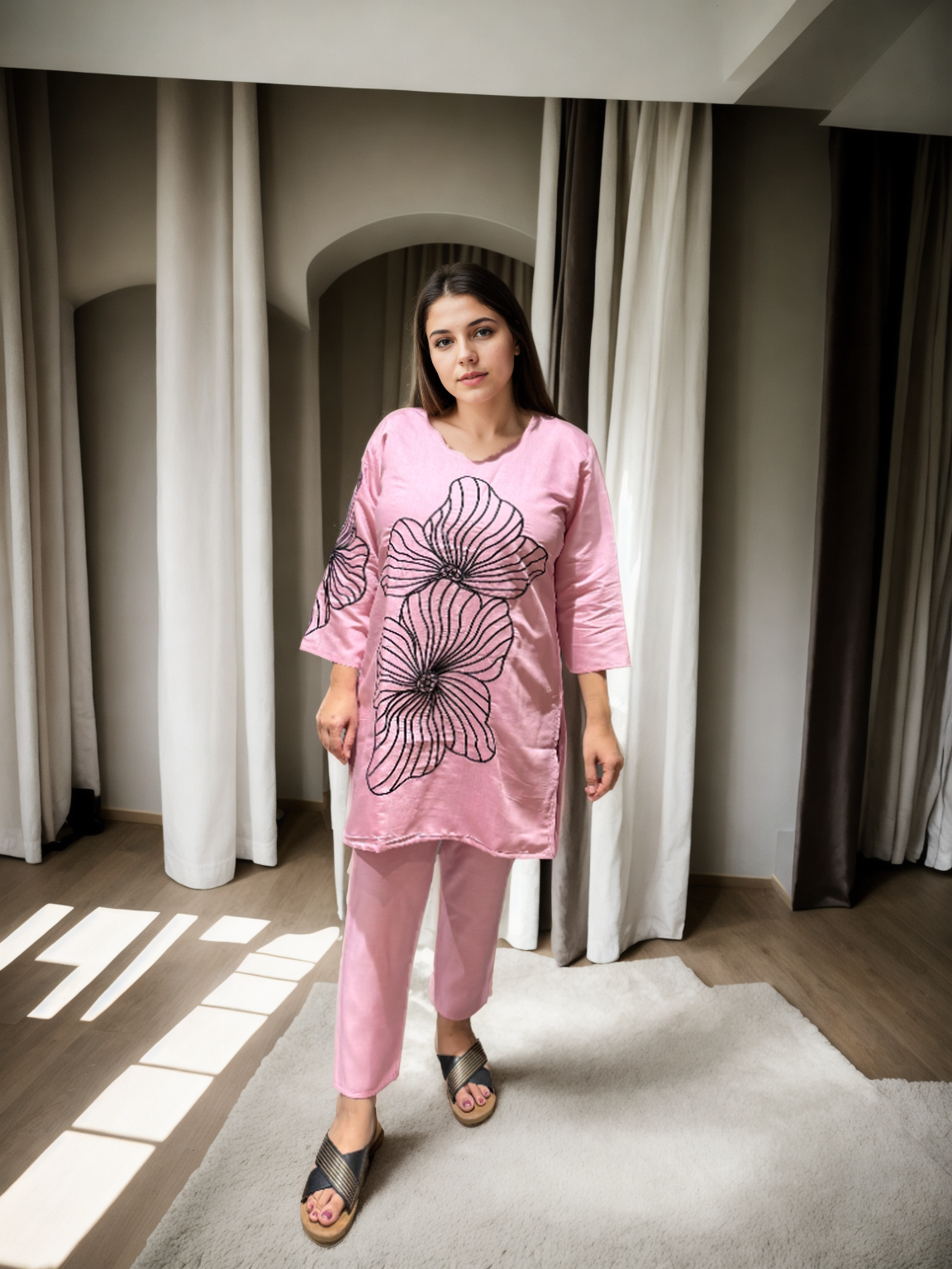 Roman Silk Coord Set with Black Floral Embroidery & American Cotton Inner