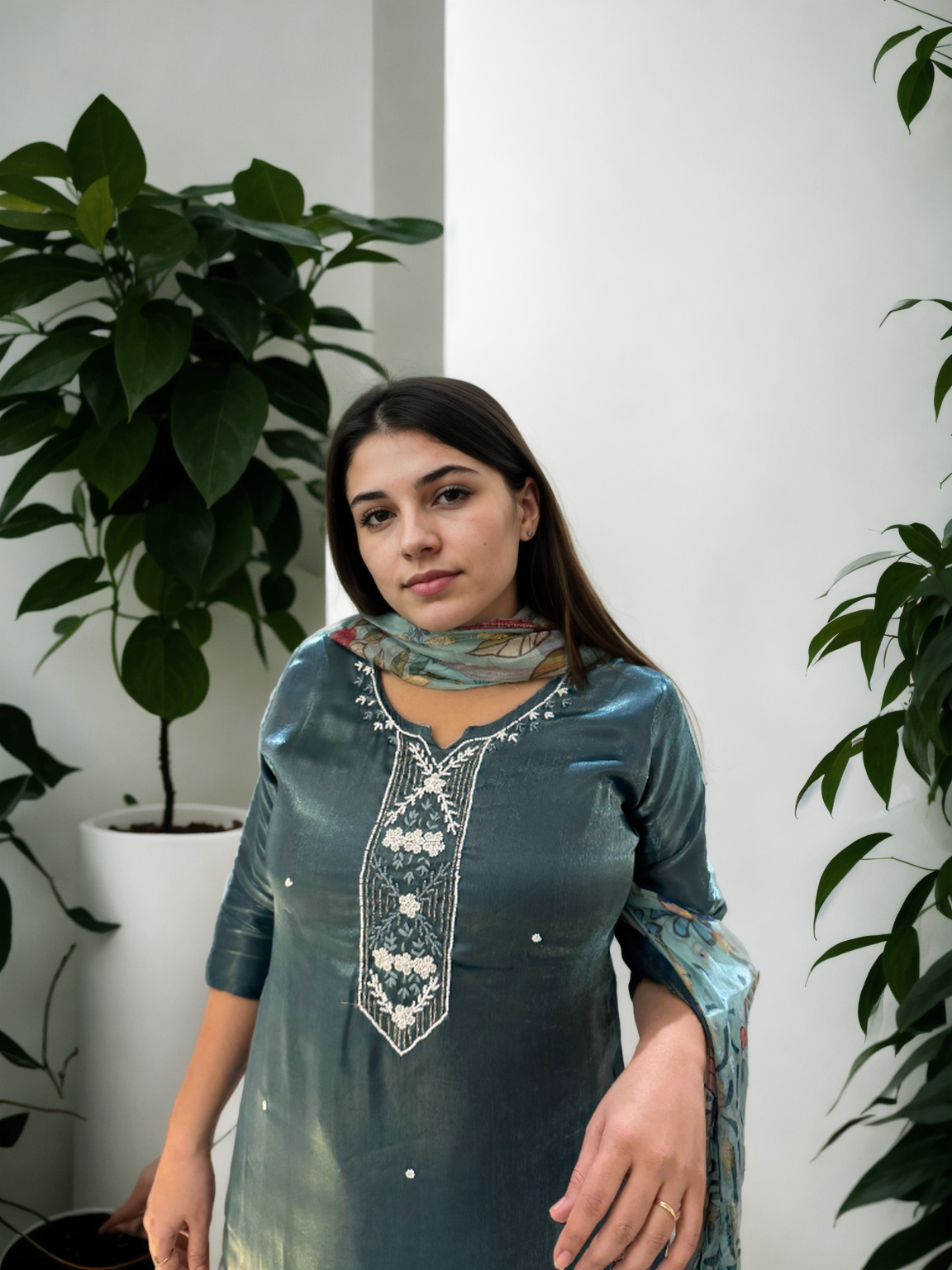 Royal Radiance: Mirror-Work Suit with Floral Digital Dupatta