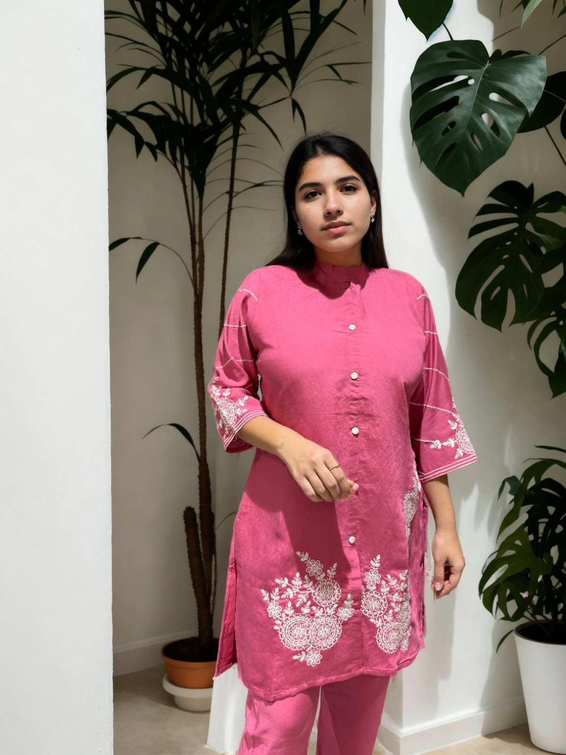 Elegant Embroidered Co-ord Set in Roman Silk – Pink | Yellow