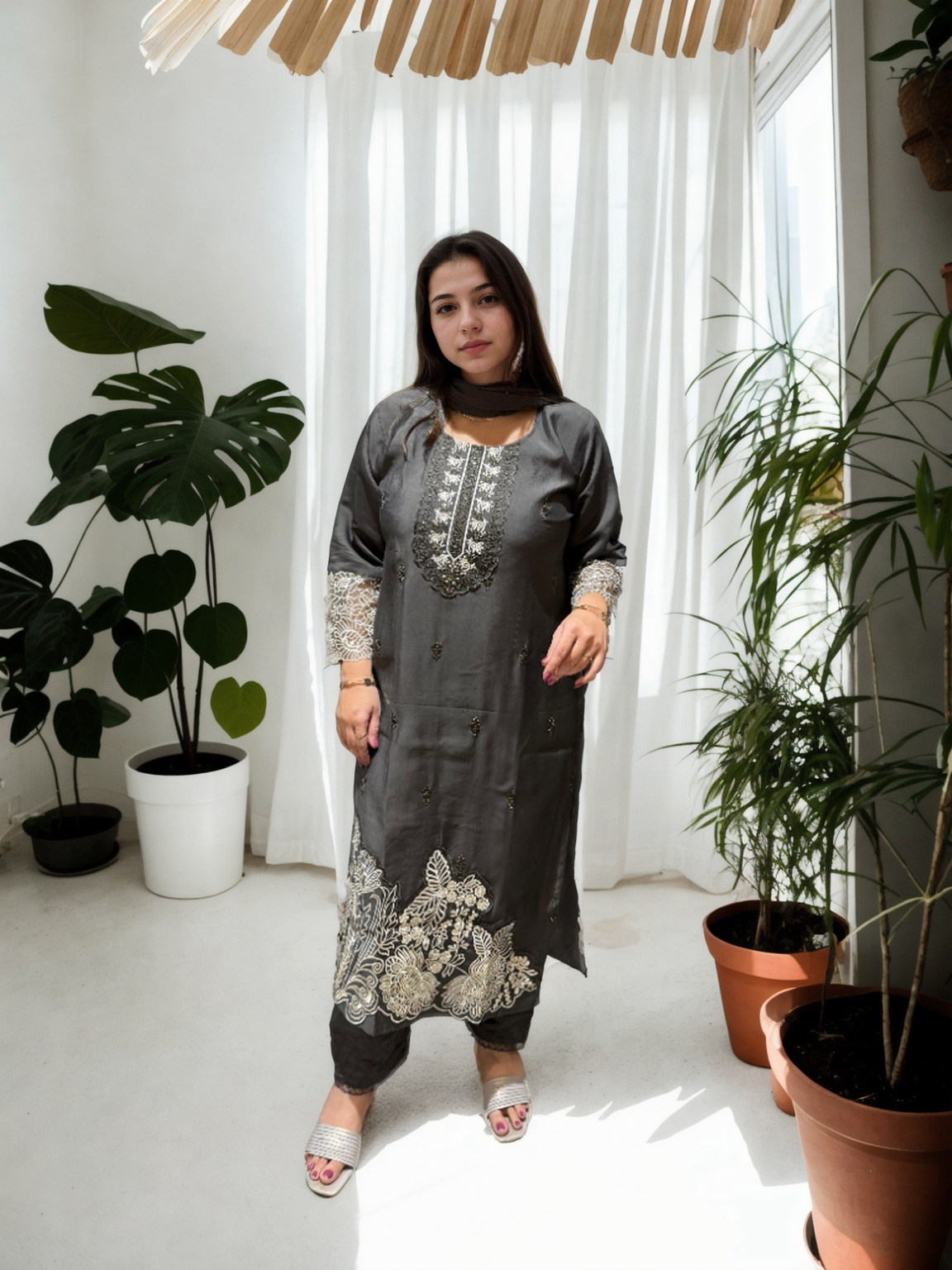 Embroidered Roman Silk Suit Set with Organza Sleeves & Cotton Naznin Dupatta – Signature Edition (5 Colors)