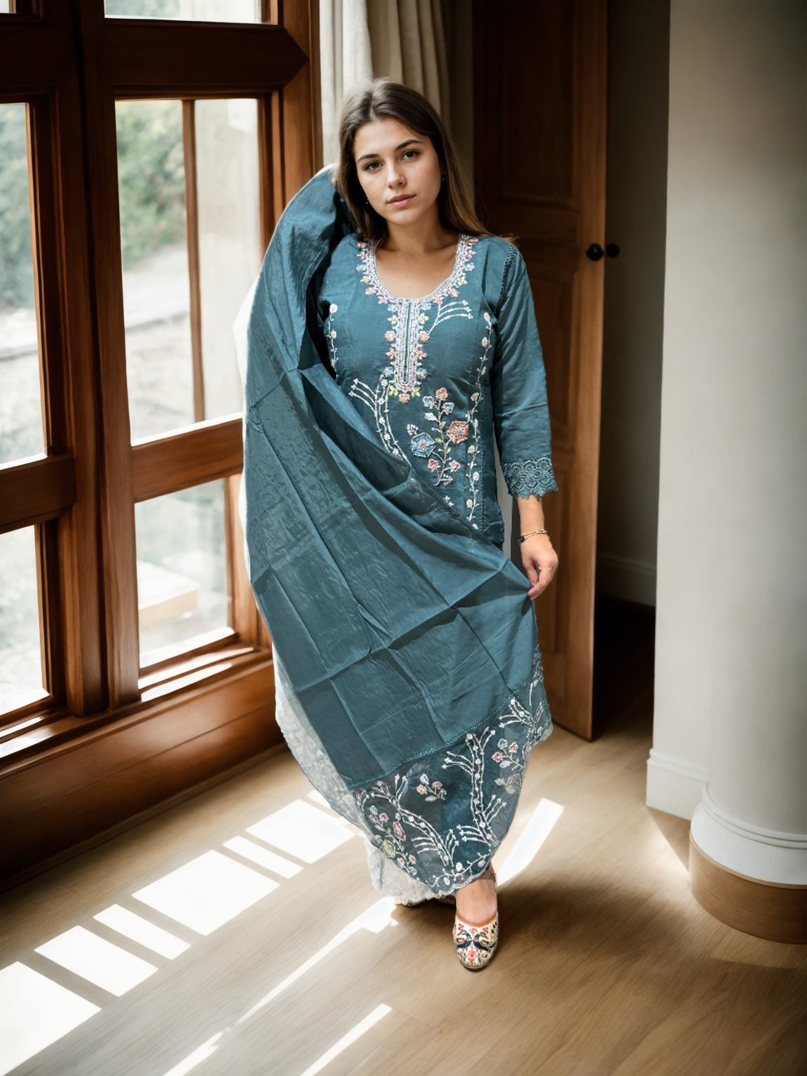 Elegant Beaded Suit Set in Roman Silk – 3 Stunning Shades
