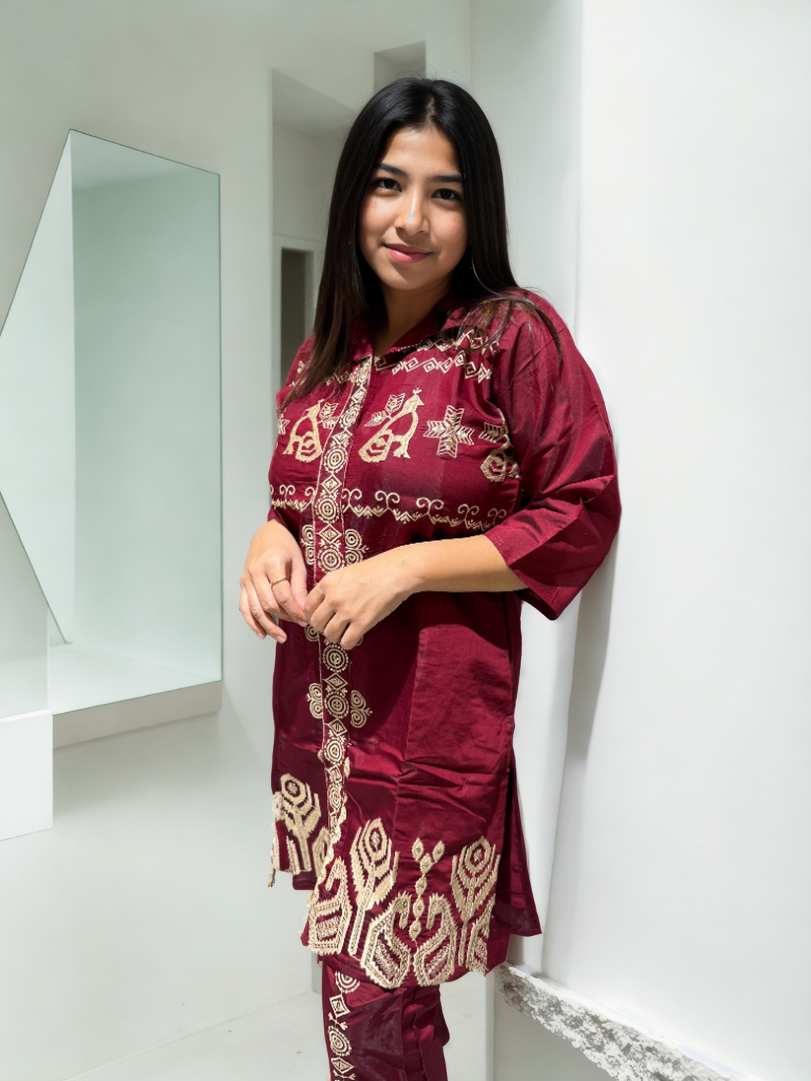 Regal Embroidered Coord Set in Roman Silk – Wine & Maroon Shades