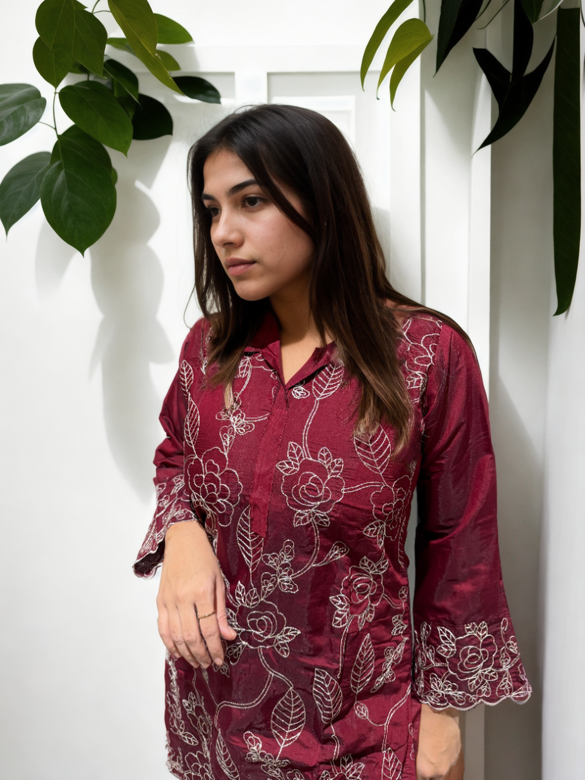 Dori Work Embroidered Coord Set – Roman Silk | Plum & Maroon