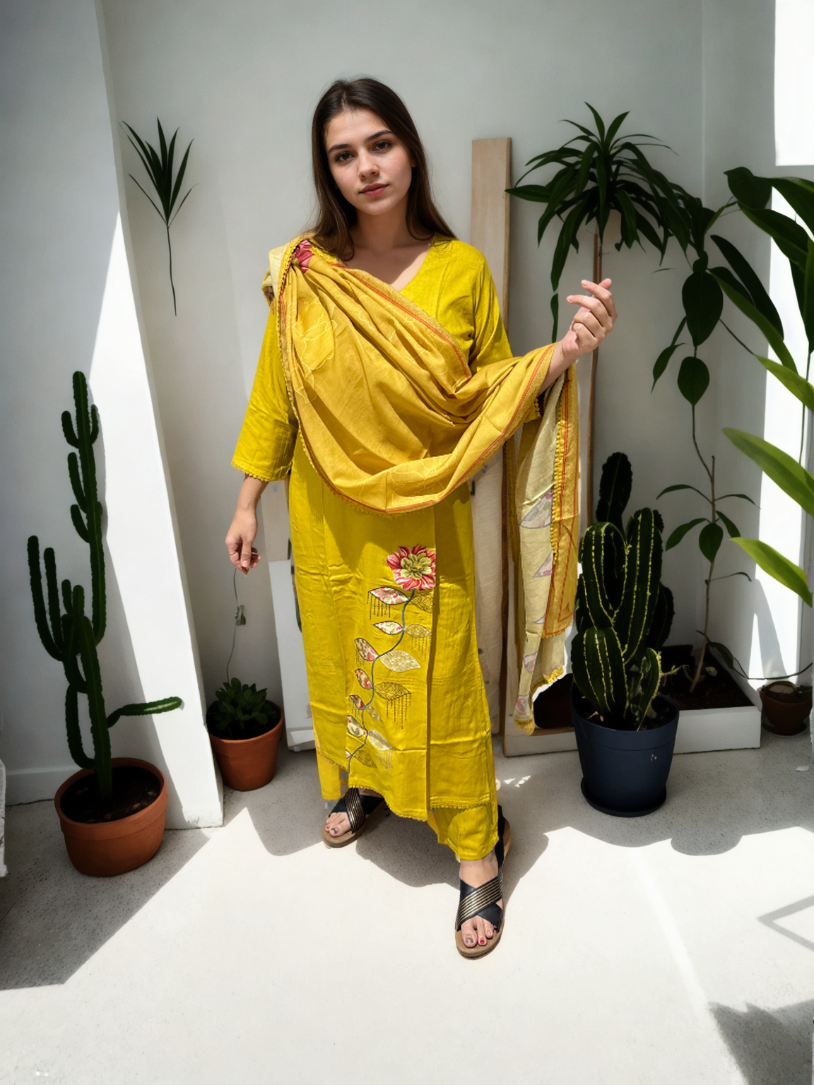 Mustard Yellow Cotton Suit with Digital Embroidery & Printed Dupatta | Signature Collection