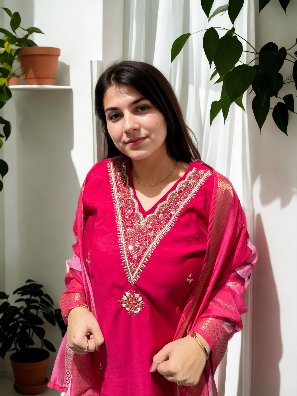 Elegant Roman Silk Suit Set with Handwork – 3 Colours | V-Neck | Chanderi Dupatta